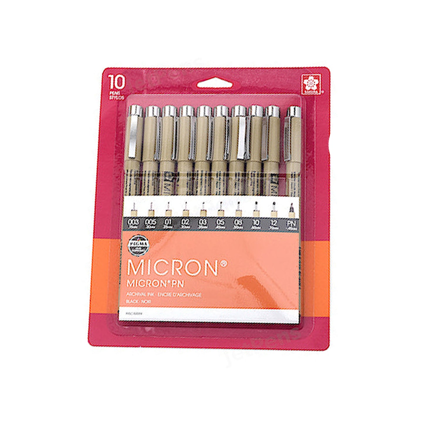 micron 10pk with a variety of sizes packaged and on white background