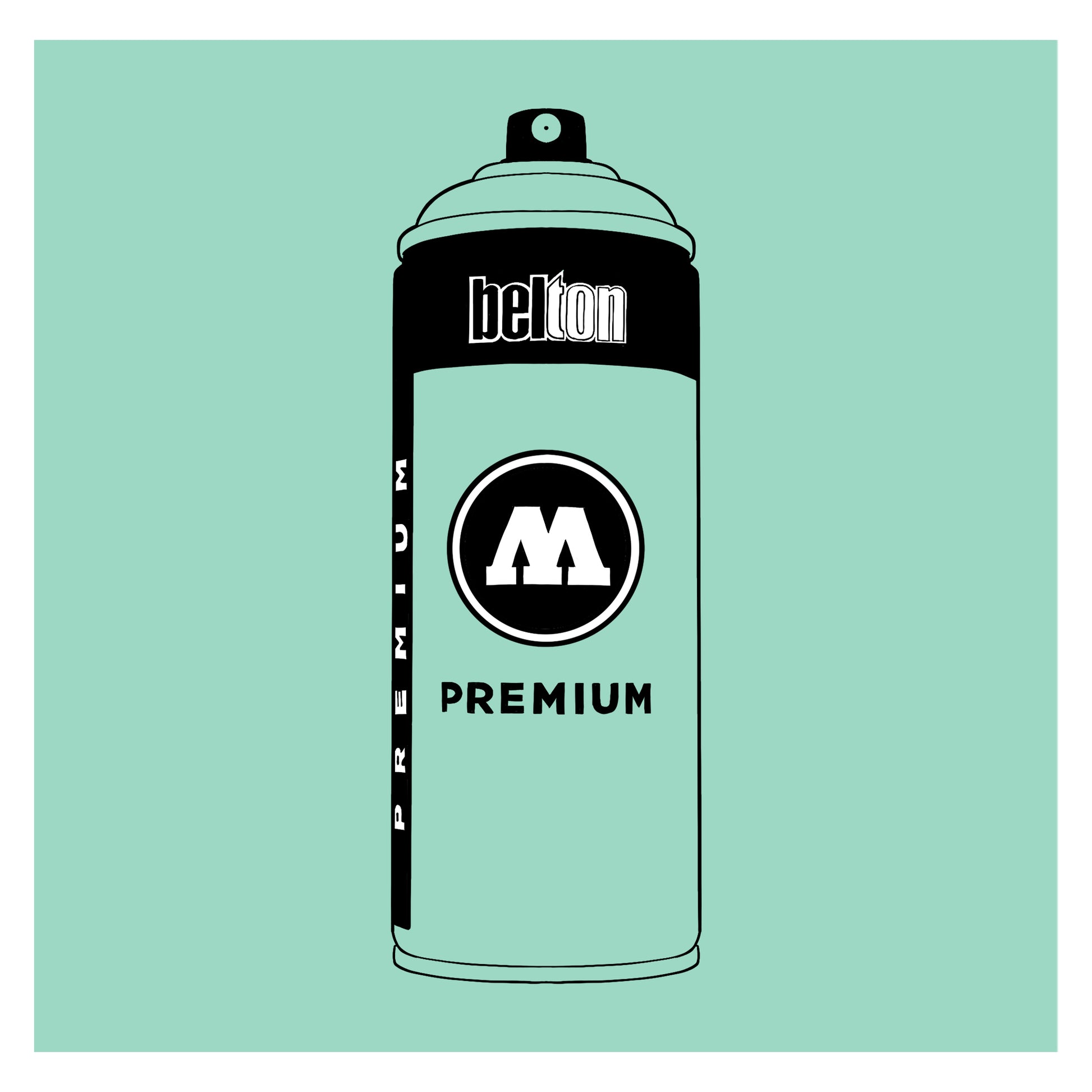 A black outline drawing of a pastel aquamarine spray paint can with the words "belton","premium" and the letter"M" written on the face in black and white font. The background is a color swatch of the same aquamarine with a white border