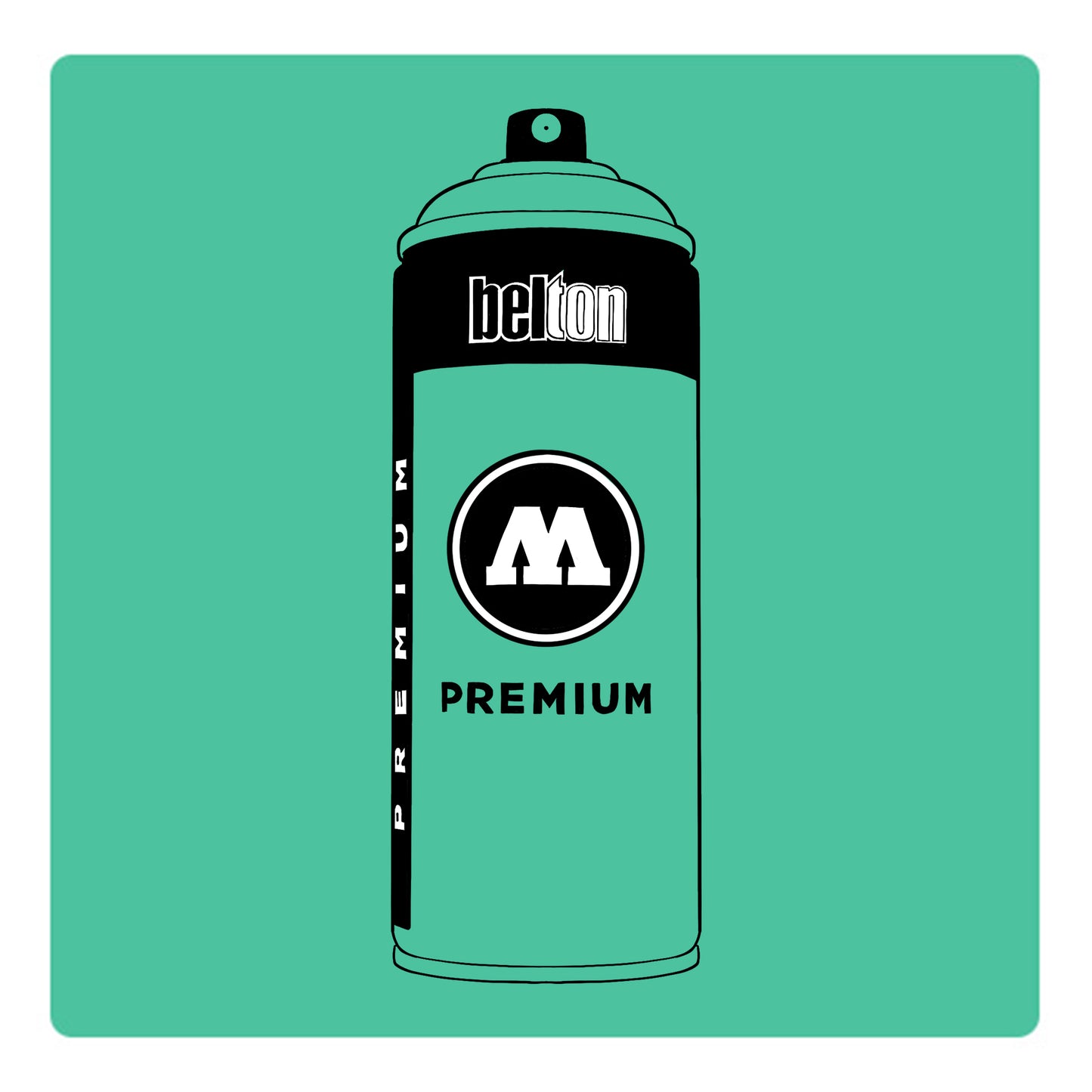 A black outline drawing of asea foam green spray paint can with the words "belton","premium" and the letter"M" written on the face in black and white font. The background is a color swatch of the same seafoam green with a white border