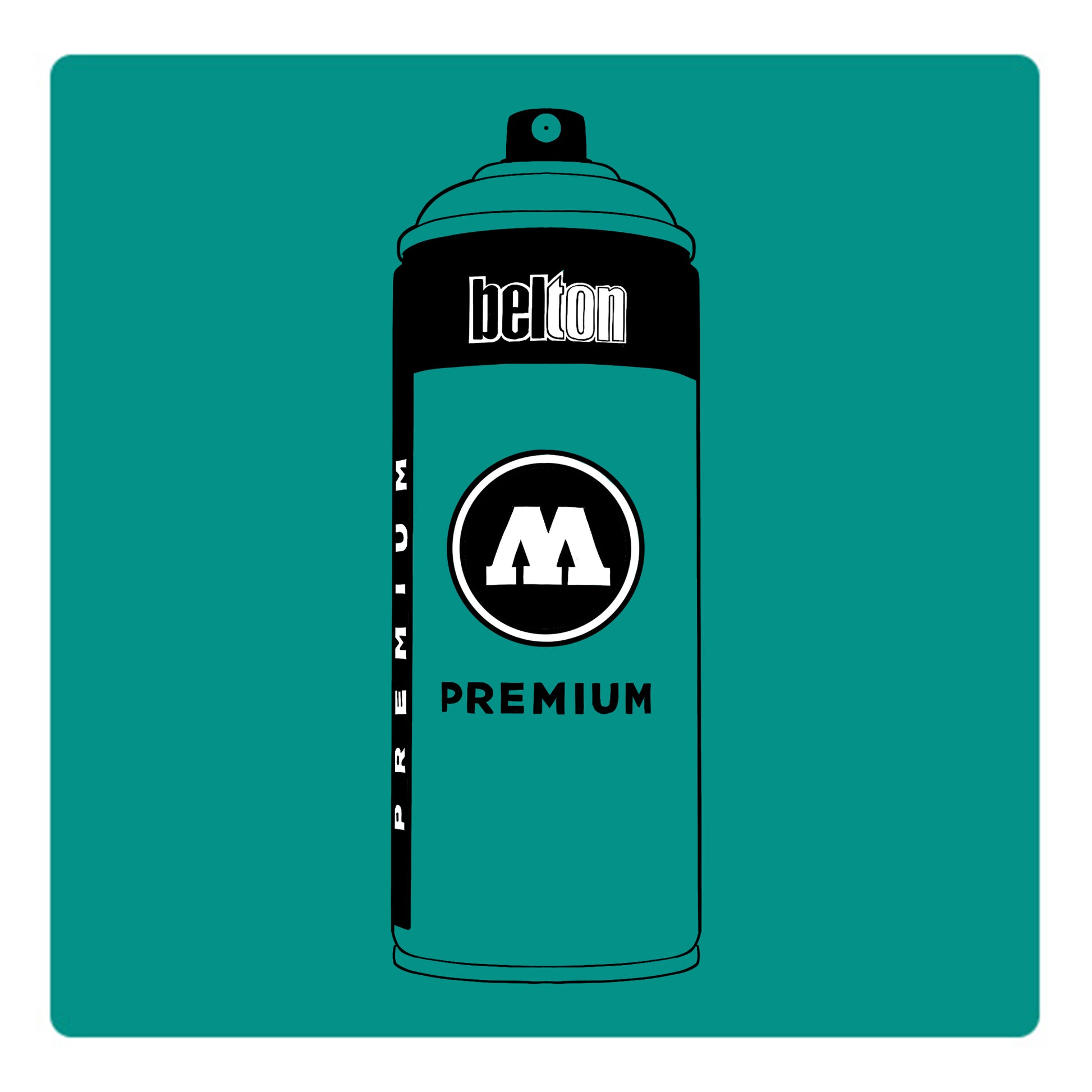 A black outline drawing of a turquoise spray paint can with the words "belton","premium" and the letter"M" written on the face in black and white font. The background is a color swatch of the same Turquoise with a white border