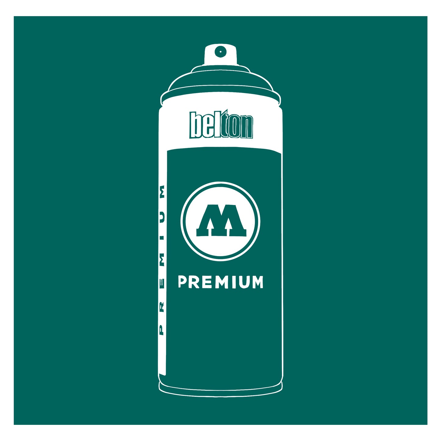 A white outline drawing of a dark teal spray paint can with the words "belton","premium" and the letter"M" written on the face in black and white font. The background is a color swatch of the same dark teal with a white border