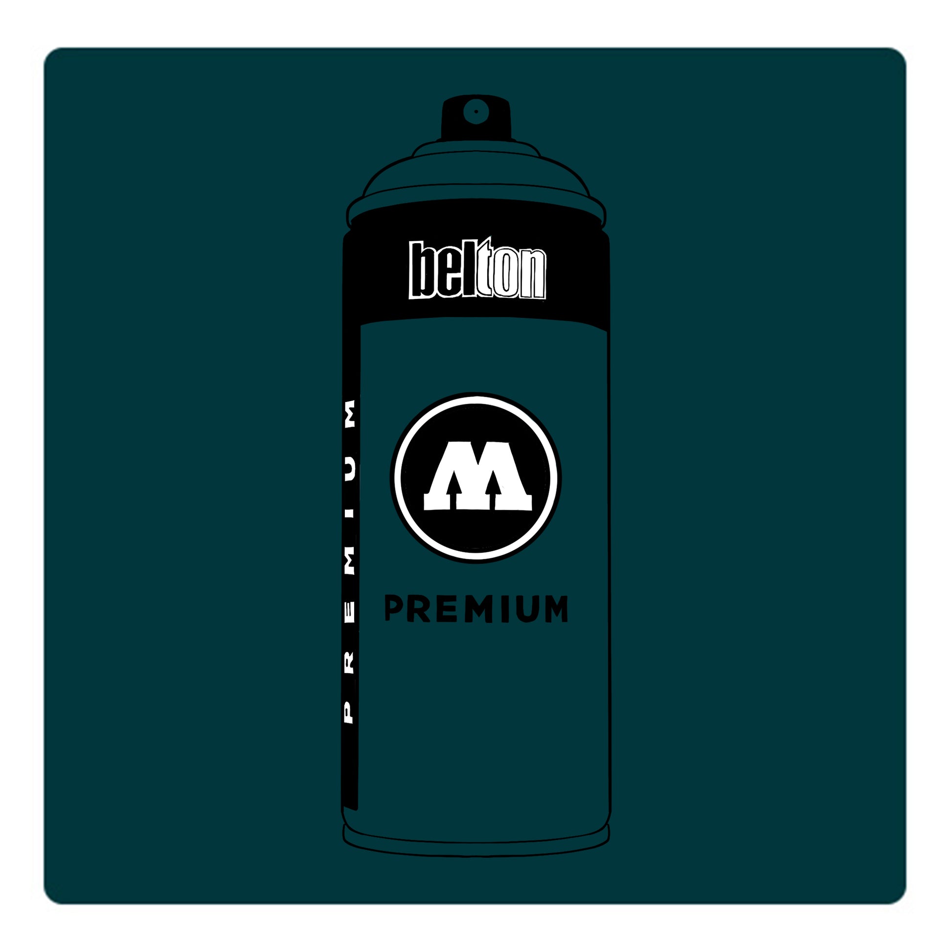 A black outline drawing of a dark peacock blue spray paint can with the words "belton","premium" and the letter"M" written on the face in black and white font. The background is a color swatch of the same dark peacock blue with a white border