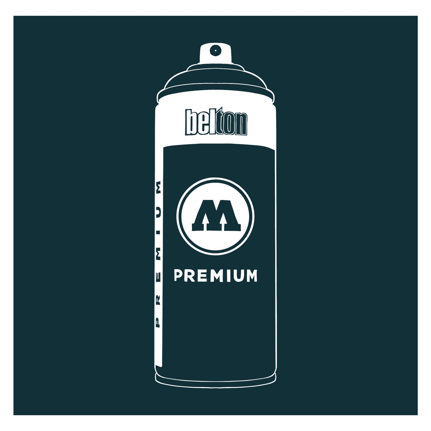 A white outline drawing of a navy blue spray paint can with the words "belton","premium" and the letter"M" written on the face in black and white font. The background is a color swatch of the same navy blue with a white border