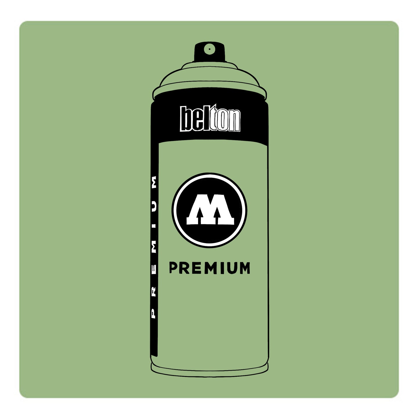 A black outline drawing of a pale olive green spray paint can with the words "belton","premium" and the letter"M" written on the face in black and white font. The background is a color swatch of the same pale olive green with a white border