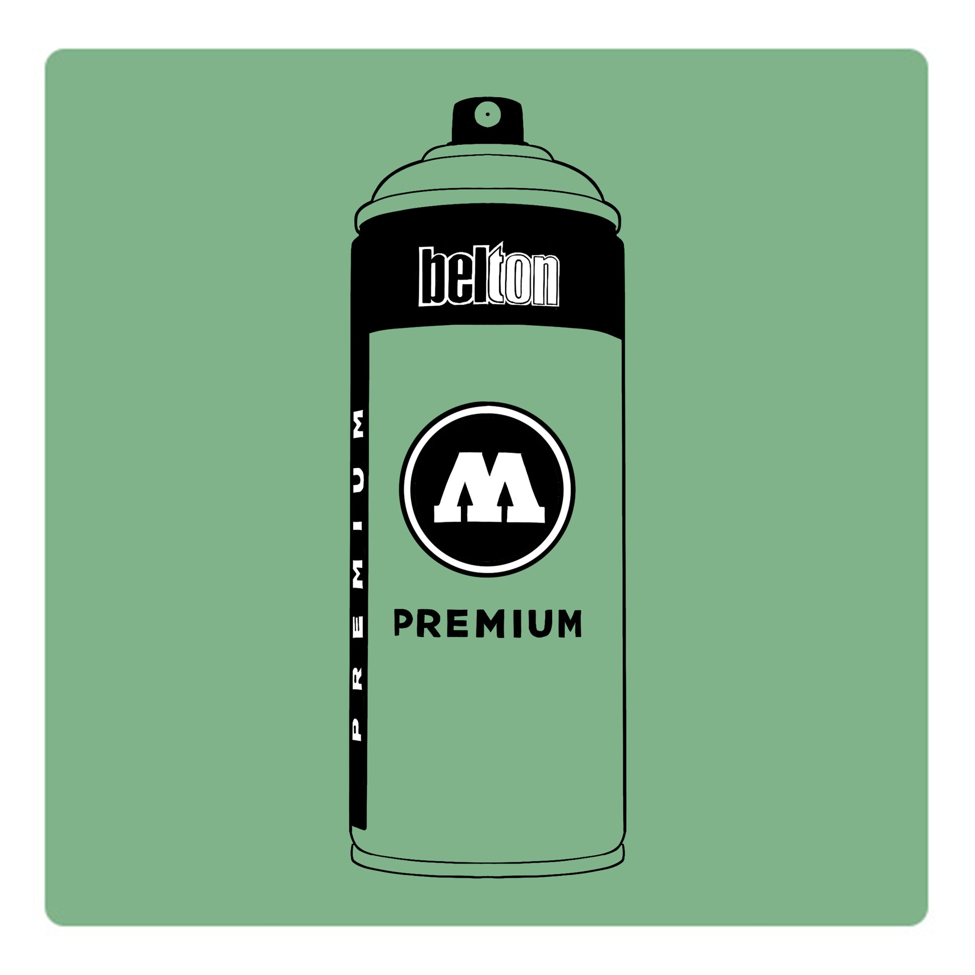 A black outline drawing of a sage green spray paint can with the words "belton","premium" and the letter"M" written on the face in black and white font. The background is a color swatch of the same sage green with a white border
