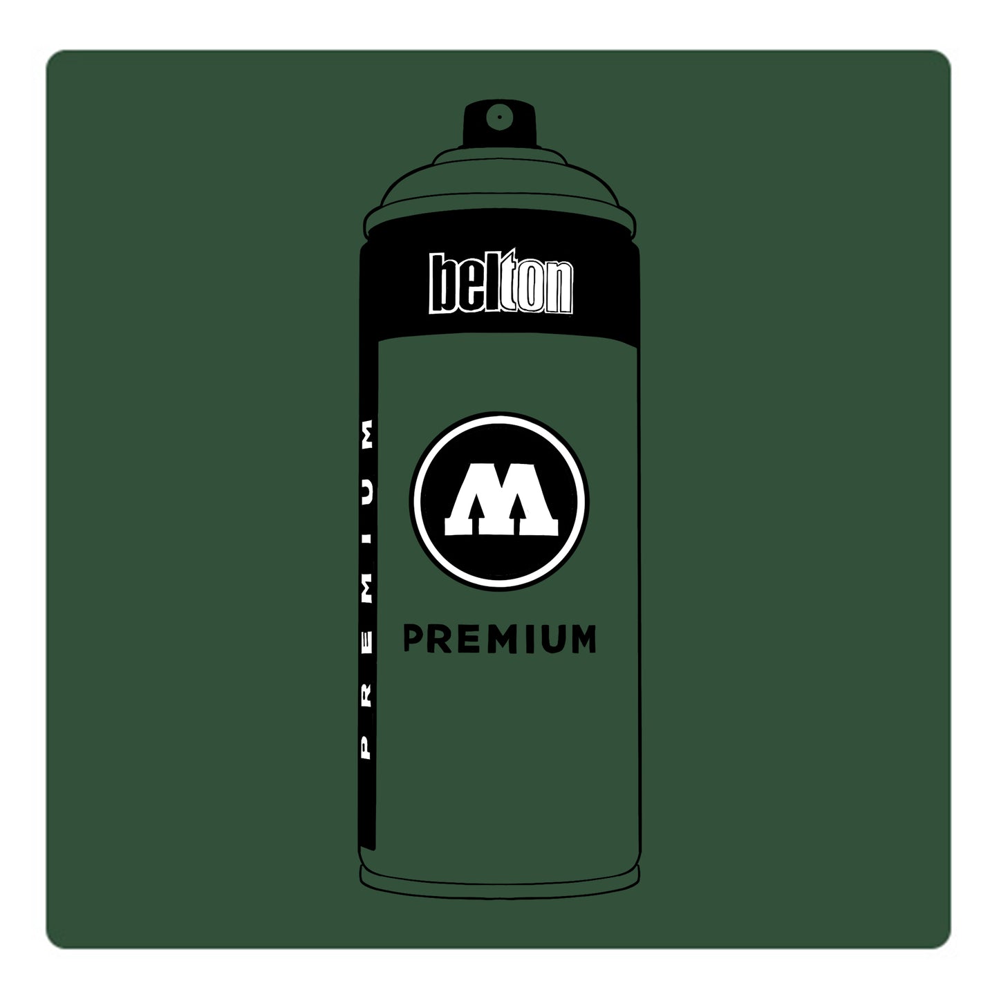 A black outline drawing of a hunter green spray paint can with the words "belton","premium" and the letter"M" written on the face in black and white font. The background is a color swatch of the same hunter green with a white border