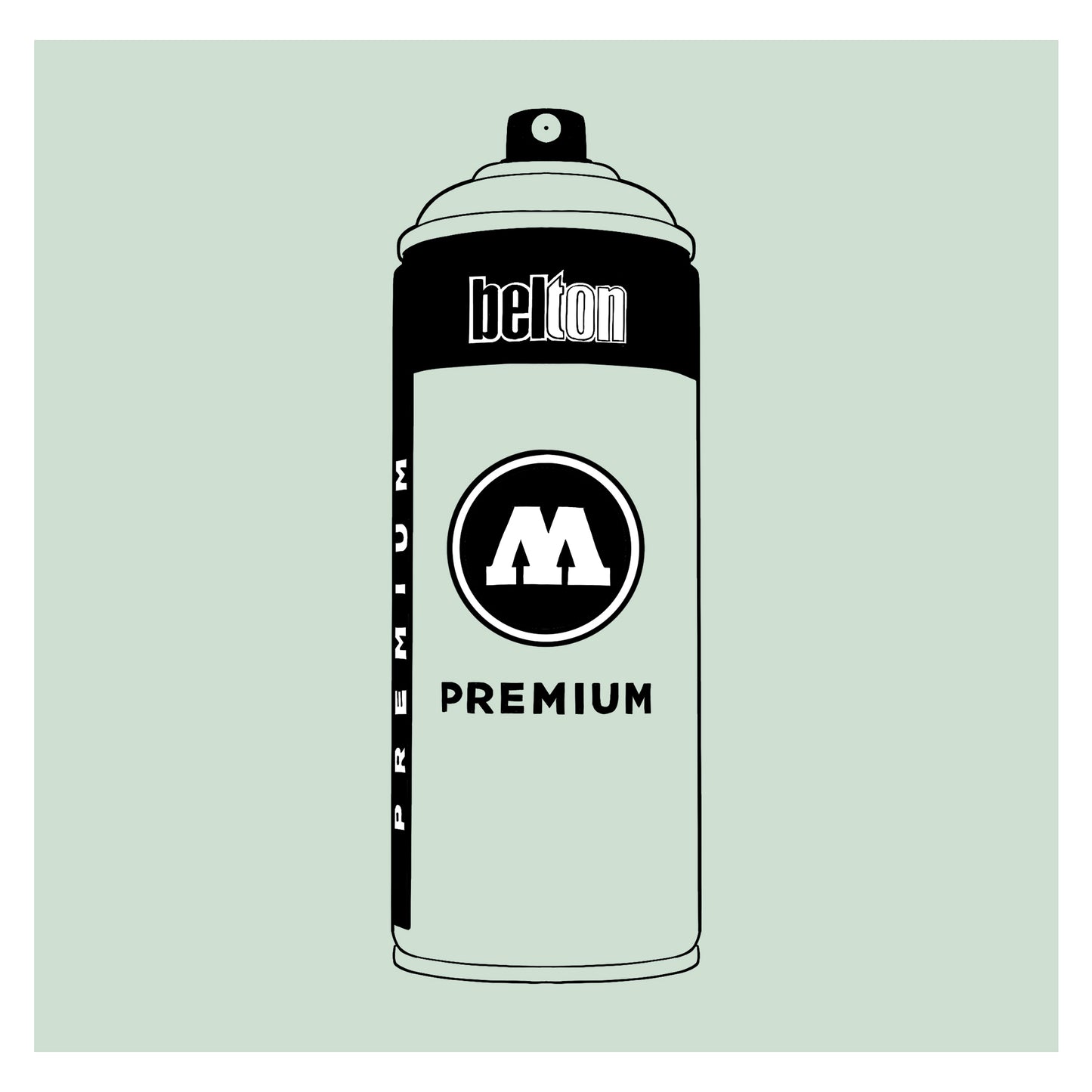A black outline drawing of a pastel mint spray paint can with the words "belton","premium" and the letter"M" written on the face in black and white font. The background is a color swatch of the same pastel mint with a white border