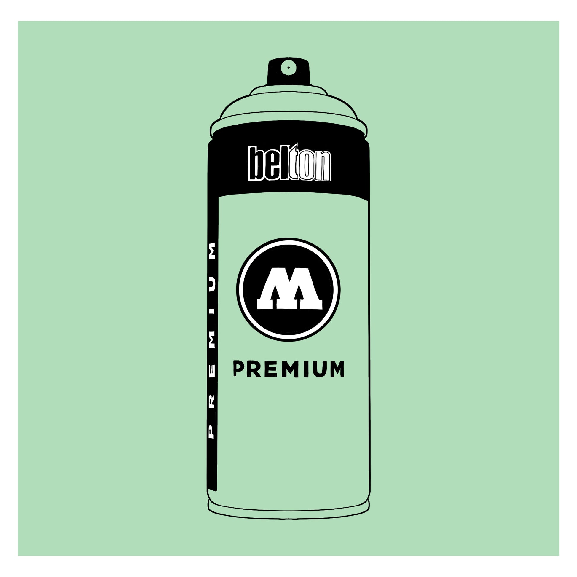 A black outline drawing of a mint spray paint can with the words "belton","premium" and the letter"M" written on the face in black and white font. The background is a color swatch of the same mint with a white border