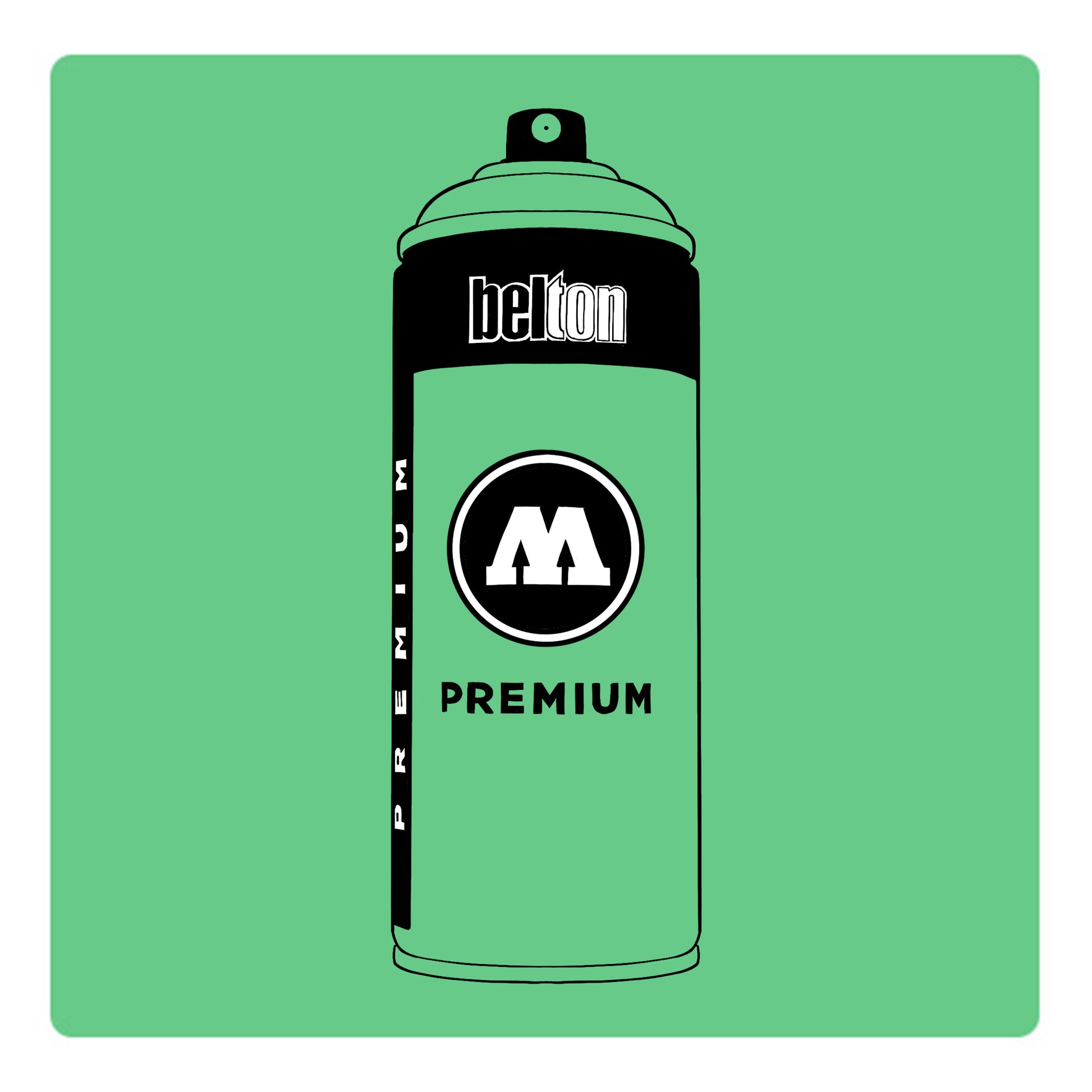 A black outline drawing of a emerald gren spray paint can with the words "belton","premium" and the letter"M" written on the face in black and white font. The background is a color swatch of the same emerald green with a white border