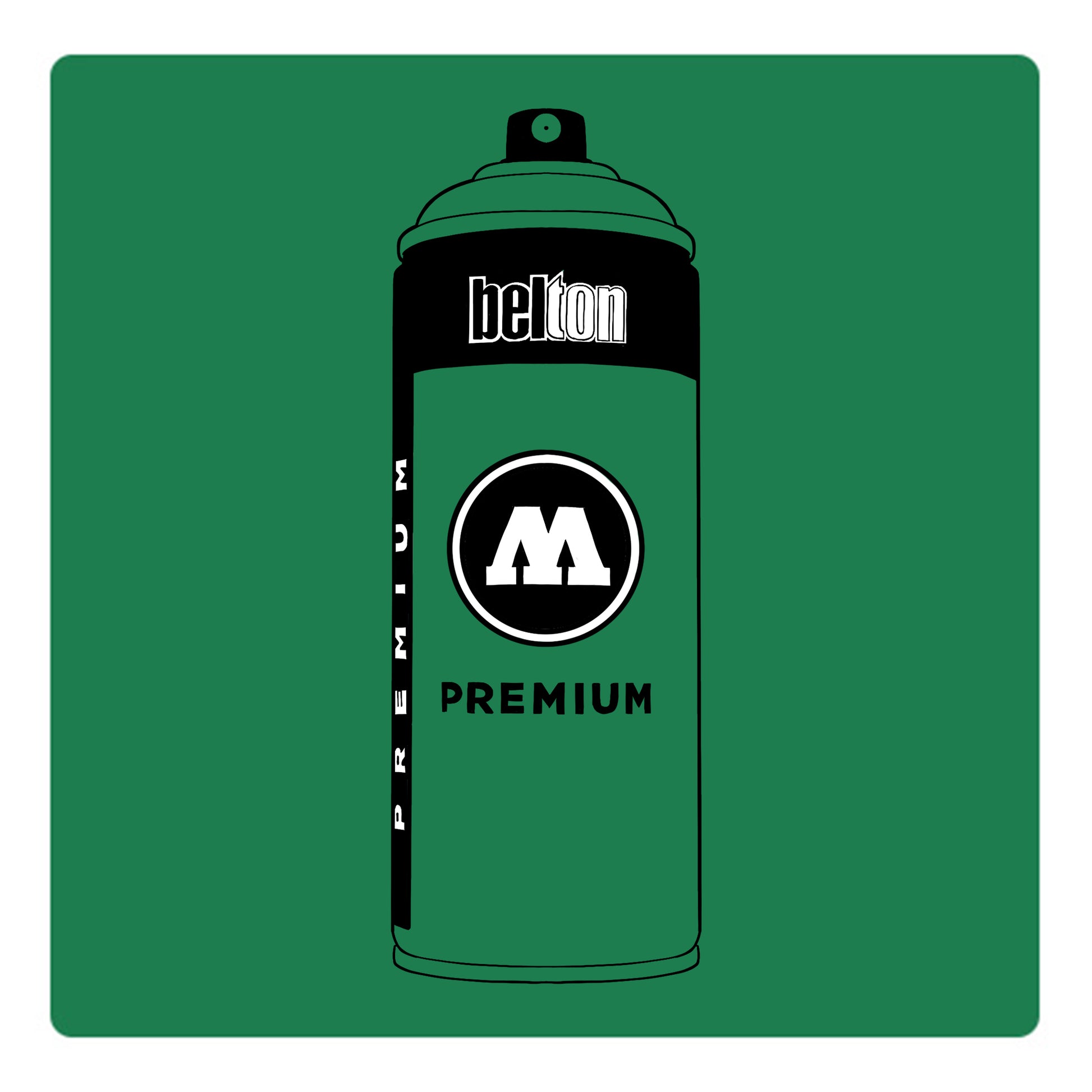A black outline drawing of a dark emerald spray paint can with the words "belton","premium" and the letter"M" written on the face in black and white font. The background is a color swatch of the same dark emerald with a white border