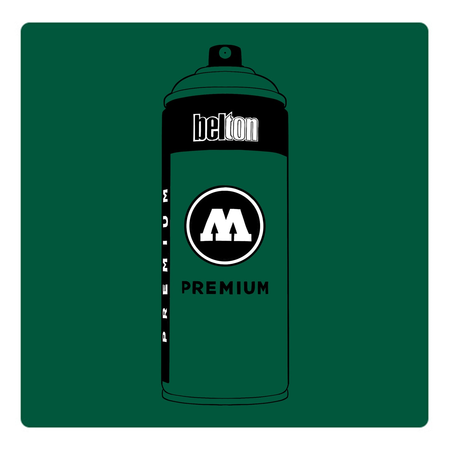 A black outline drawing of a green spray paint can with the words "belton","premium" and the letter"M" written on the face in black and white font. The background is a color swatch of the same green with a white border