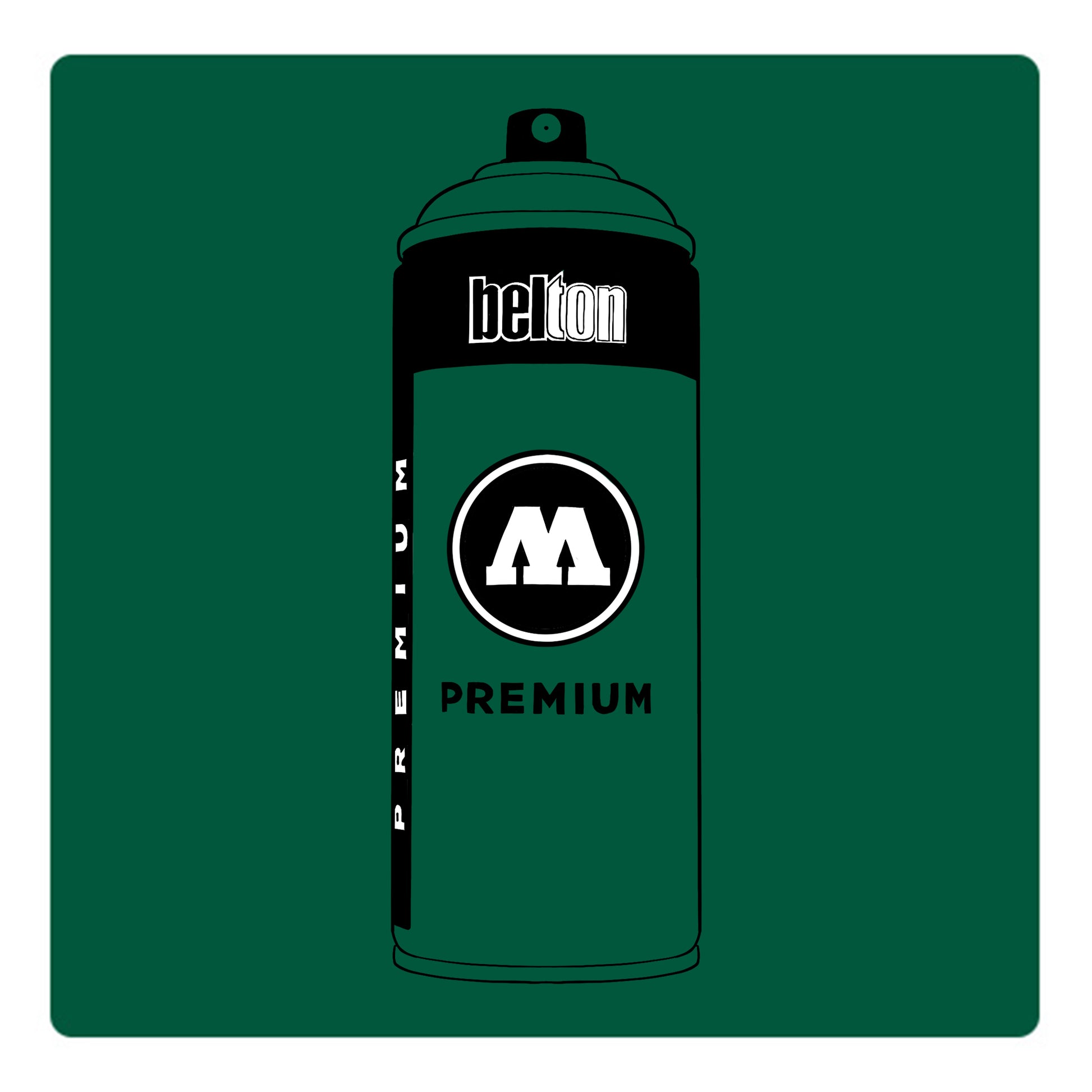 A black outline drawing of a green spray paint can with the words "belton","premium" and the letter"M" written on the face in black and white font. The background is a color swatch of the same green with a white border