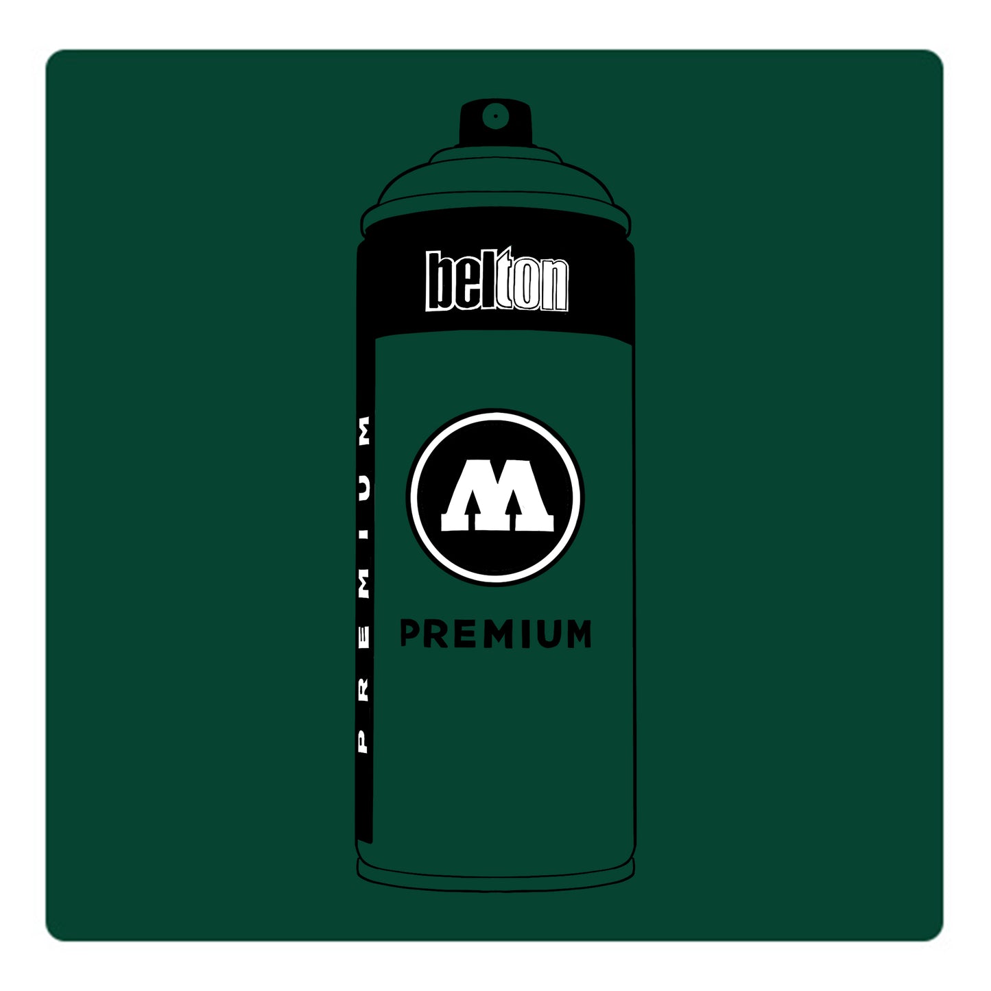 A black outline drawing of a dark emerald green spray paint can with the words "belton","premium" and the letter"M" written on the face in black and white font. The background is a color swatch of the same dark emerald green with a white border
