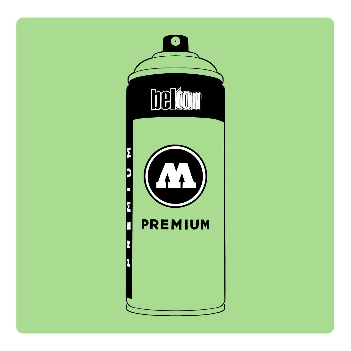 A black outline drawing of a pastel lime green spray paint can with the words "belton","premium" and the letter"M" written on the face in black and white font. The background is a color swatch of the same pastel lime green with a white border