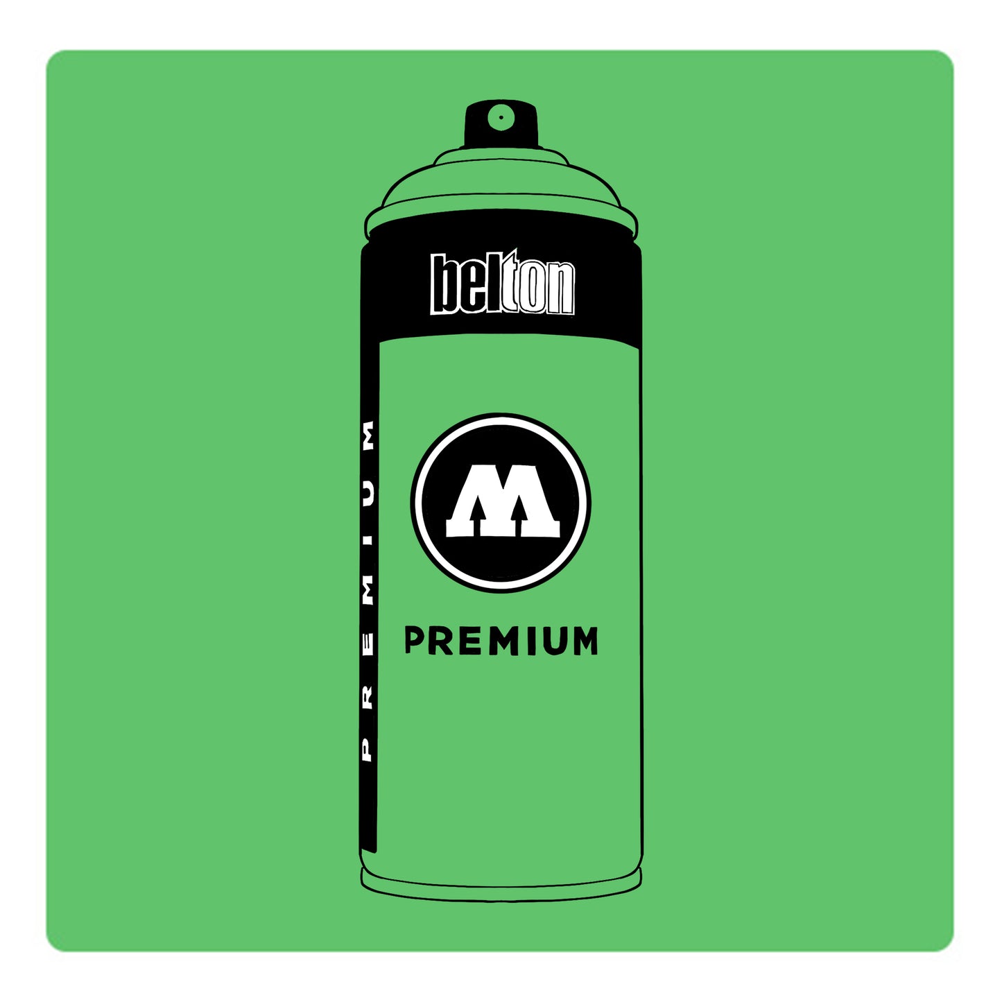 A black outline drawing of a pastel green spray paint can with the words "belton","premium" and the letter"M" written on the face in black and white font. The background is a color swatch of the same pastel green with a white border
