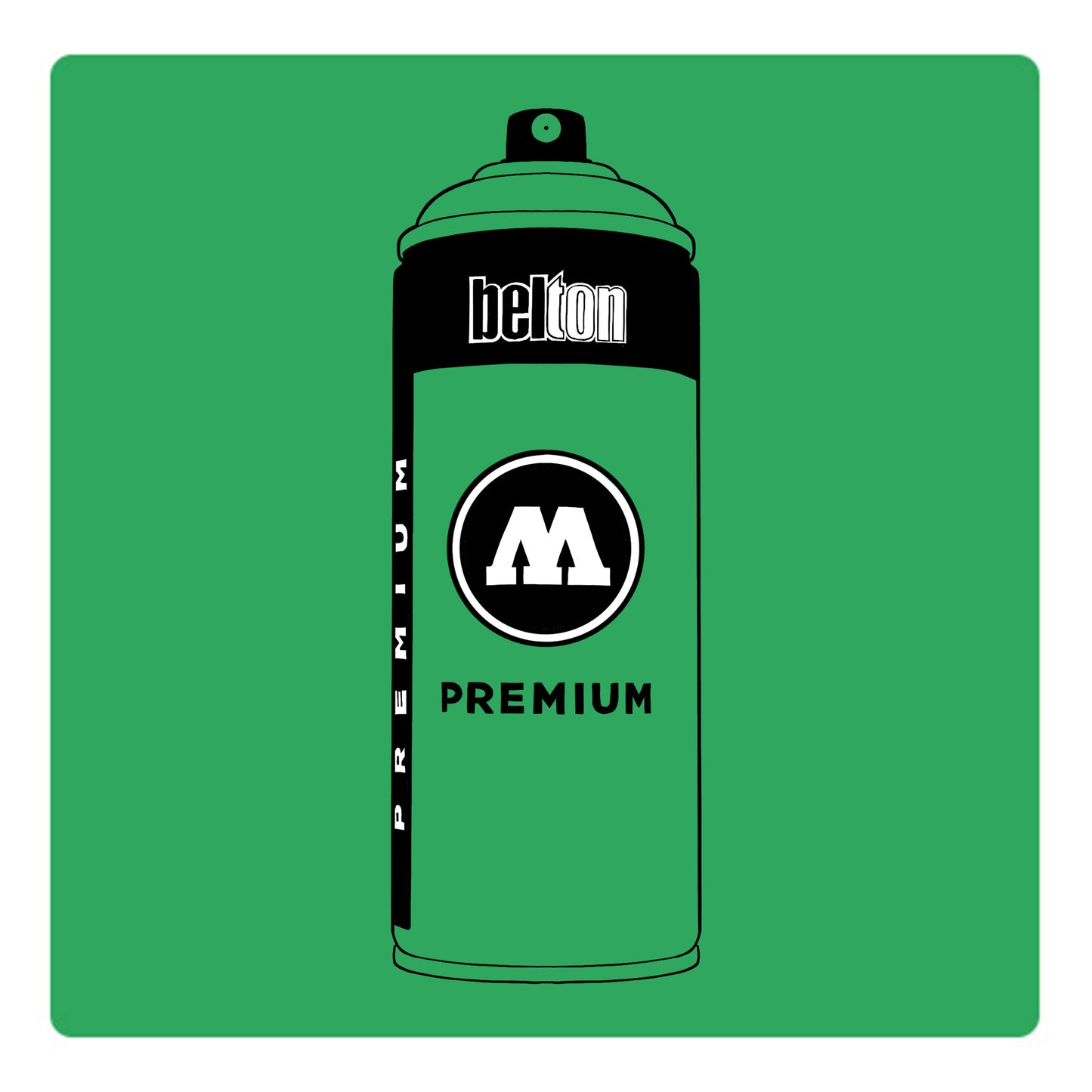 A black outline drawing of a jade green spray paint can with the words "belton","premium" and the letter"M" written on the face in black and white font. The background is a color swatch of the same jade green with a white border