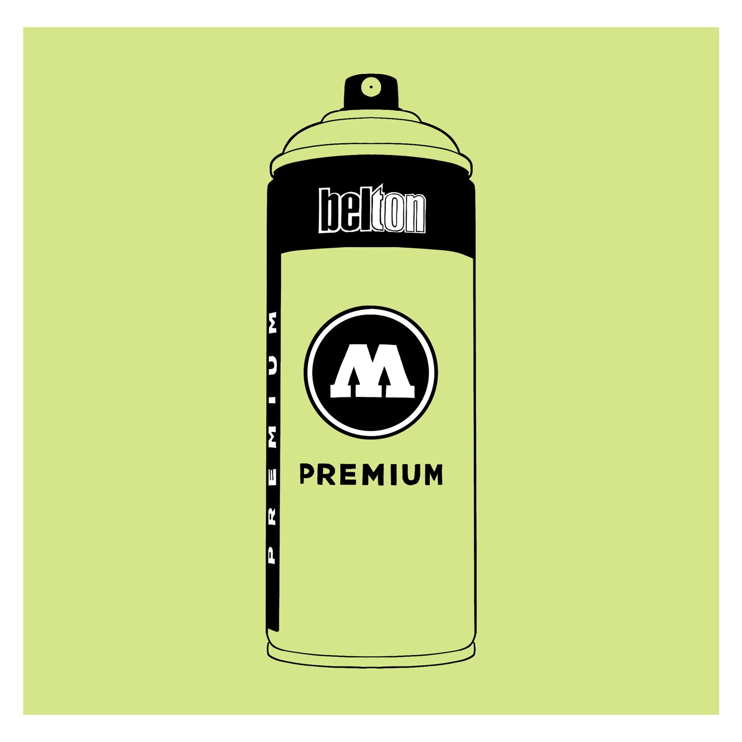 A black outline drawing of a pastel green gold spray paint can with the words "belton","premium" and the letter"M" written on the face in black and white font. The background is a color swatch of the same pastel green with a white border