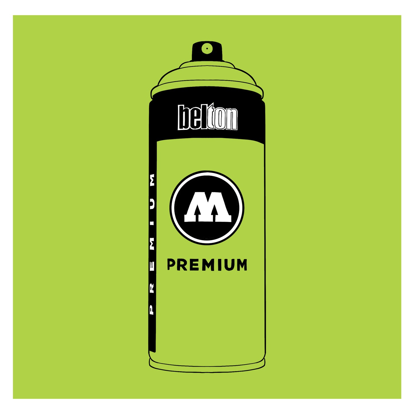 A black outline drawing of a lime green spray paint can with the words "belton","premium" and the letter"M" written on the face in black and white font. The background is a color swatch of the same lime green with a white border