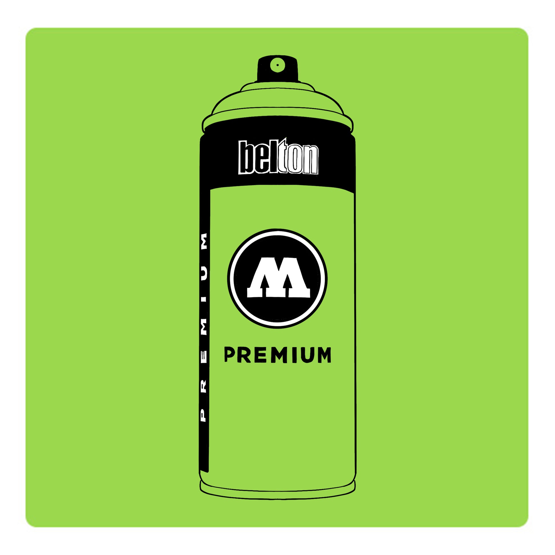A black outline drawing of a bright lime green spray paint can with the words "belton","premium" and the letter"M" written on the face in black and white font. The background is a color swatch of the same bright lime green with a white border