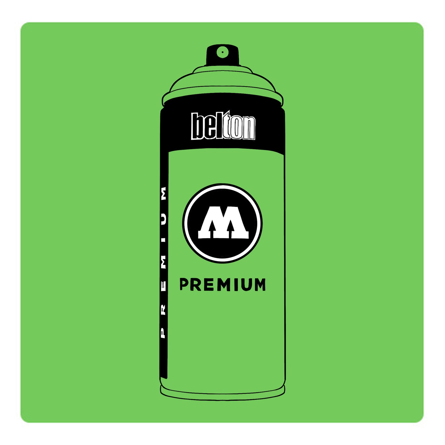 A black outline drawing of a lime green spray paint can with the words "belton","premium" and the letter"M" written on the face in black and white font. The background is a color swatch of the same lime green with a white border