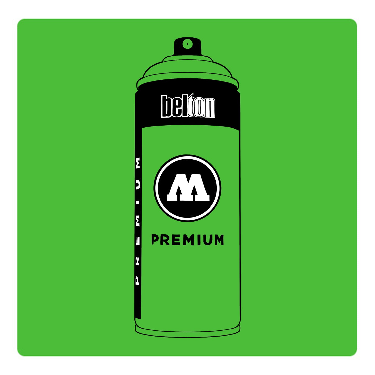 A black outline drawing of a neon green spray paint can with the words "belton","premium" and the letter"M" written on the face in black and white font. The background is a color swatch of the same neon green with a white border