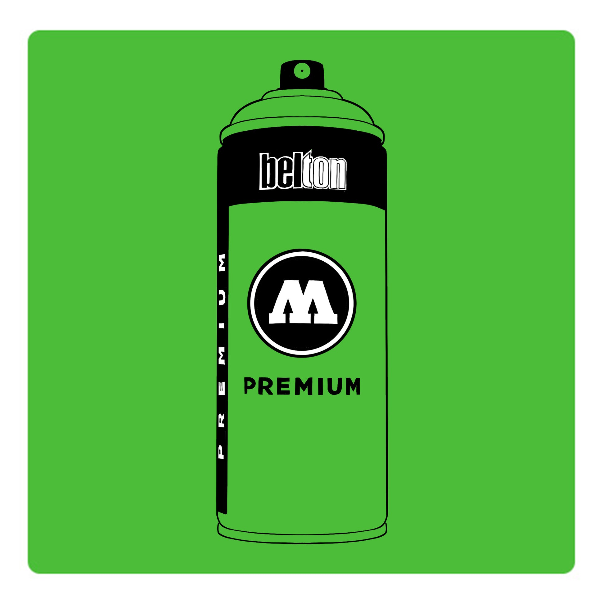 A black outline drawing of a neon green spray paint can with the words "belton","premium" and the letter"M" written on the face in black and white font. The background is a color swatch of the same neon green with a white border