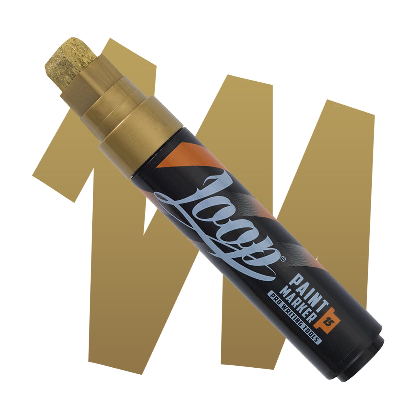 Loop 15MM gold flat tipped marker with black body , grey text and orange stripes over a gold swatch.