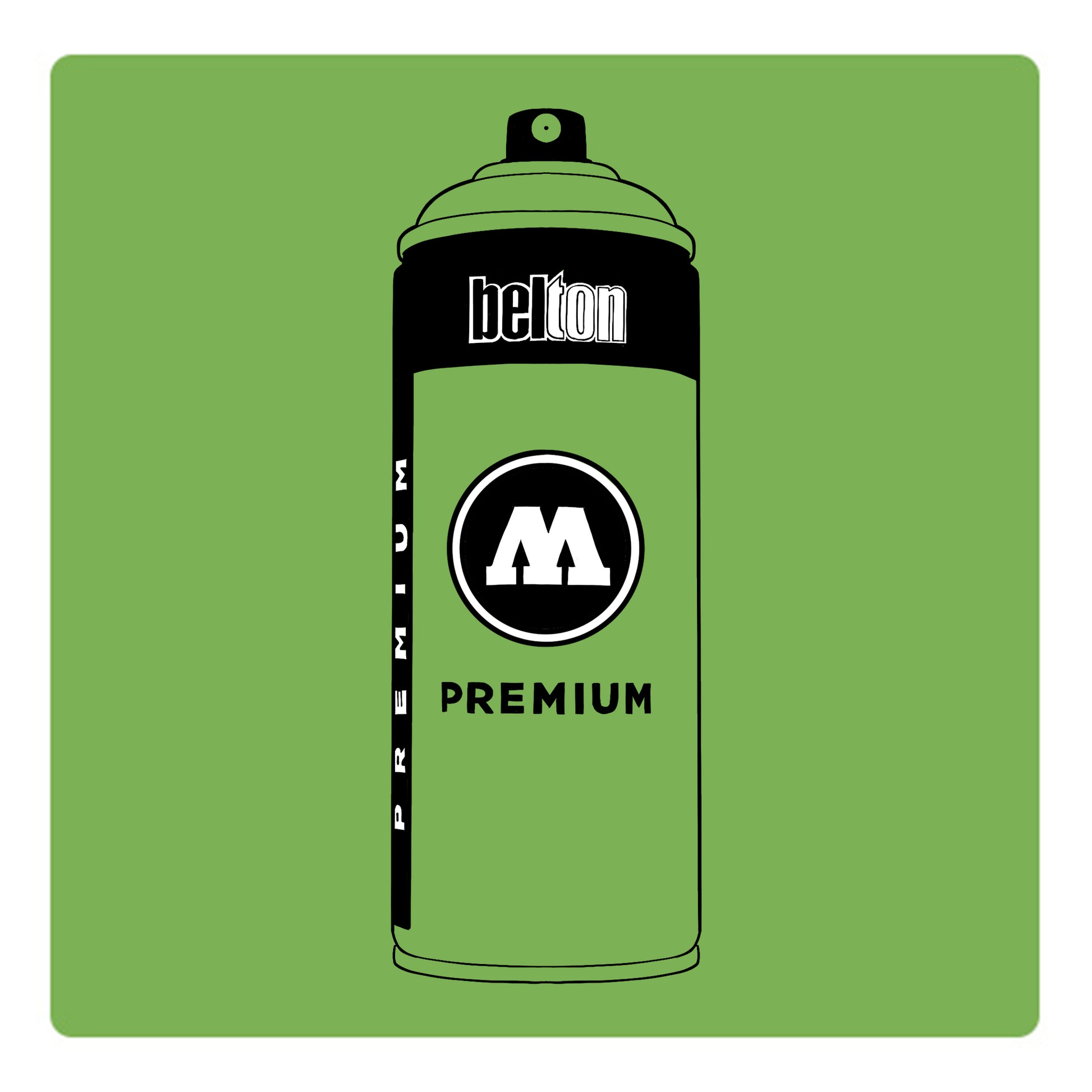 A black outline drawing of a apple green spray paint can with the words "belton","premium" and the letter"M" written on the face in black and white font. The background is a color swatch of the same apple green with a white border