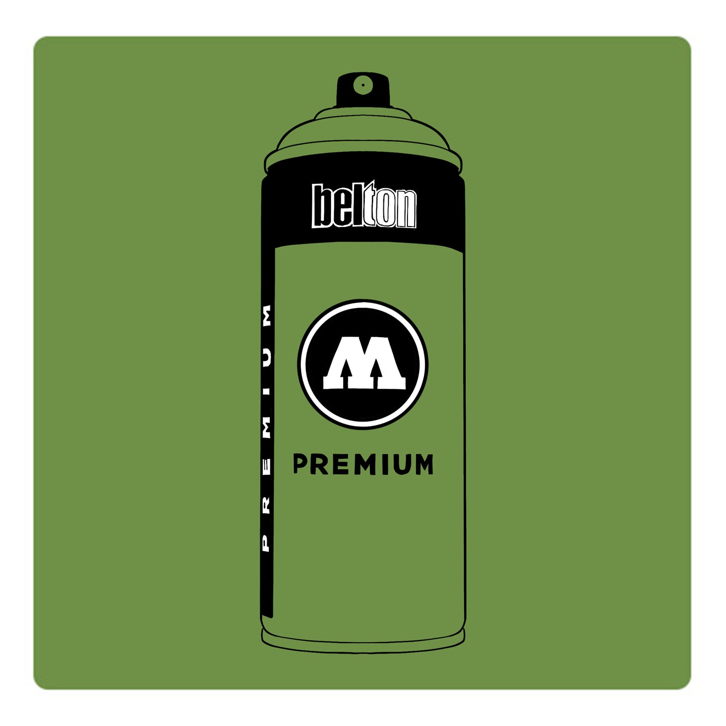 A black outline drawing of a olive green spray paint can with the words "belton","premium" and the letter"M" written on the face in black and white font. The background is a color swatch of the same olive green with a white border