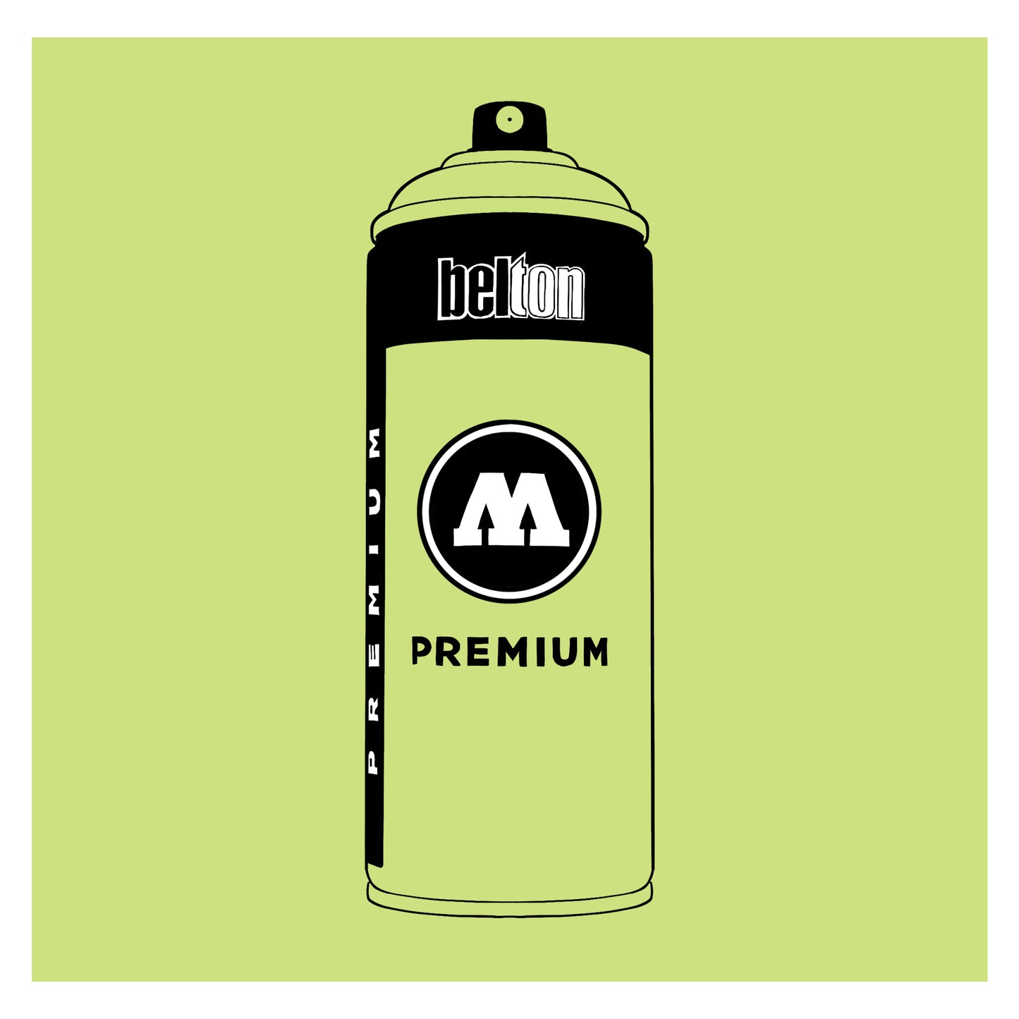A black outline drawing of a pastel lime green spray paint can with the words "belton","premium" and the letter"M" written on the face in black and white font. The background is a color swatch of the same pastel green with a white border