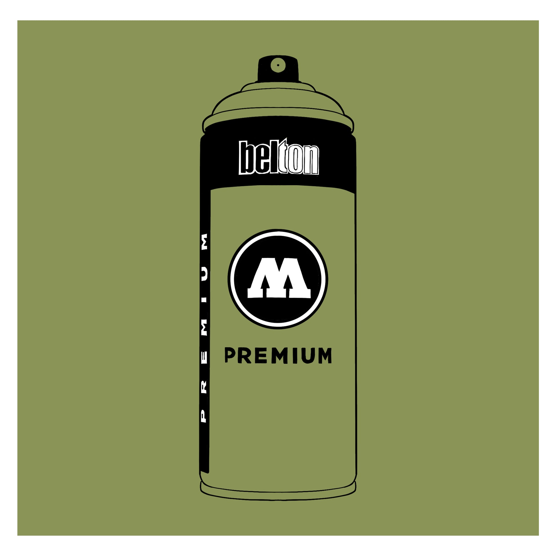 A black outline drawing of a pastel olive green spray paint can with the words "belton","premium" and the letter"M" written on the face in black and white font. The background is a color swatch of the same olive green with a white border