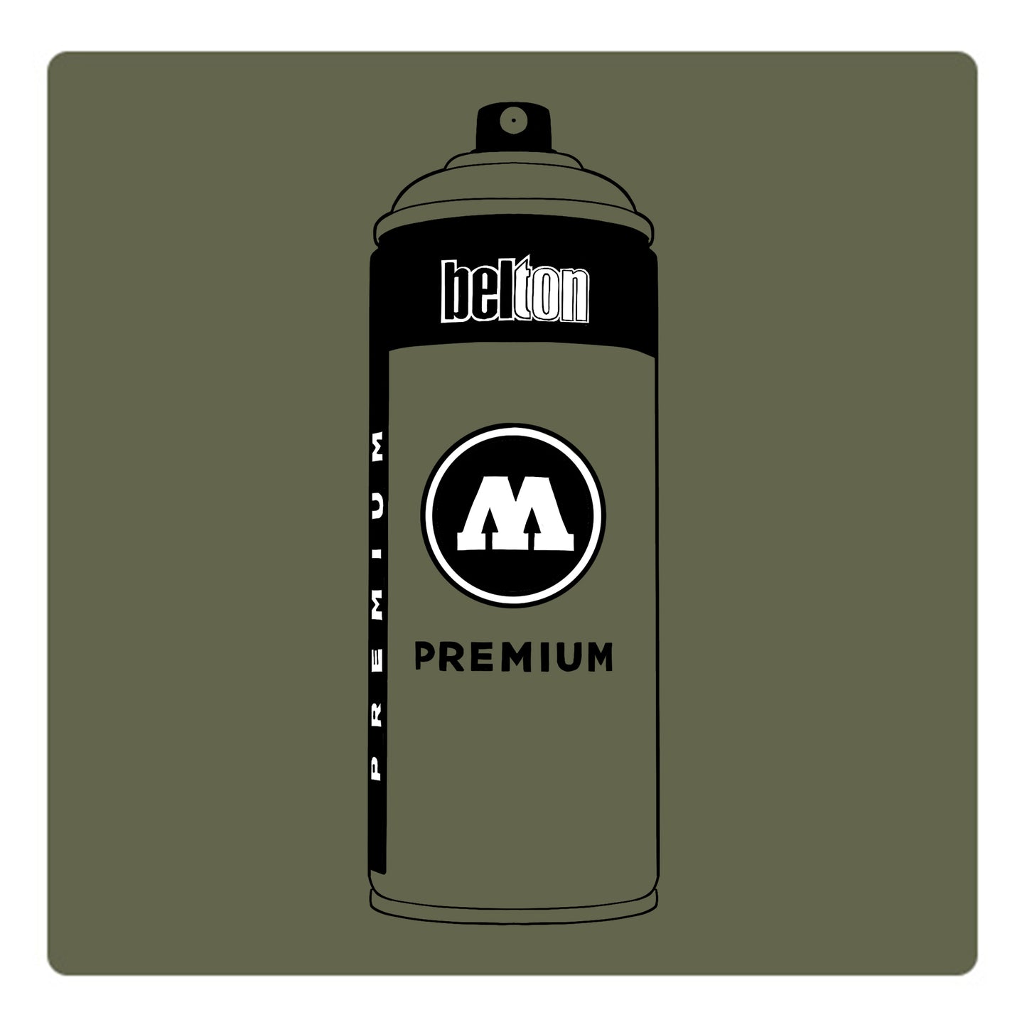 A black outline drawing of a artichoke green spray paint can with the words "belton","premium" and the letter"M" written on the face in black and white font. The background is a color swatch of the same artichoke with a white border