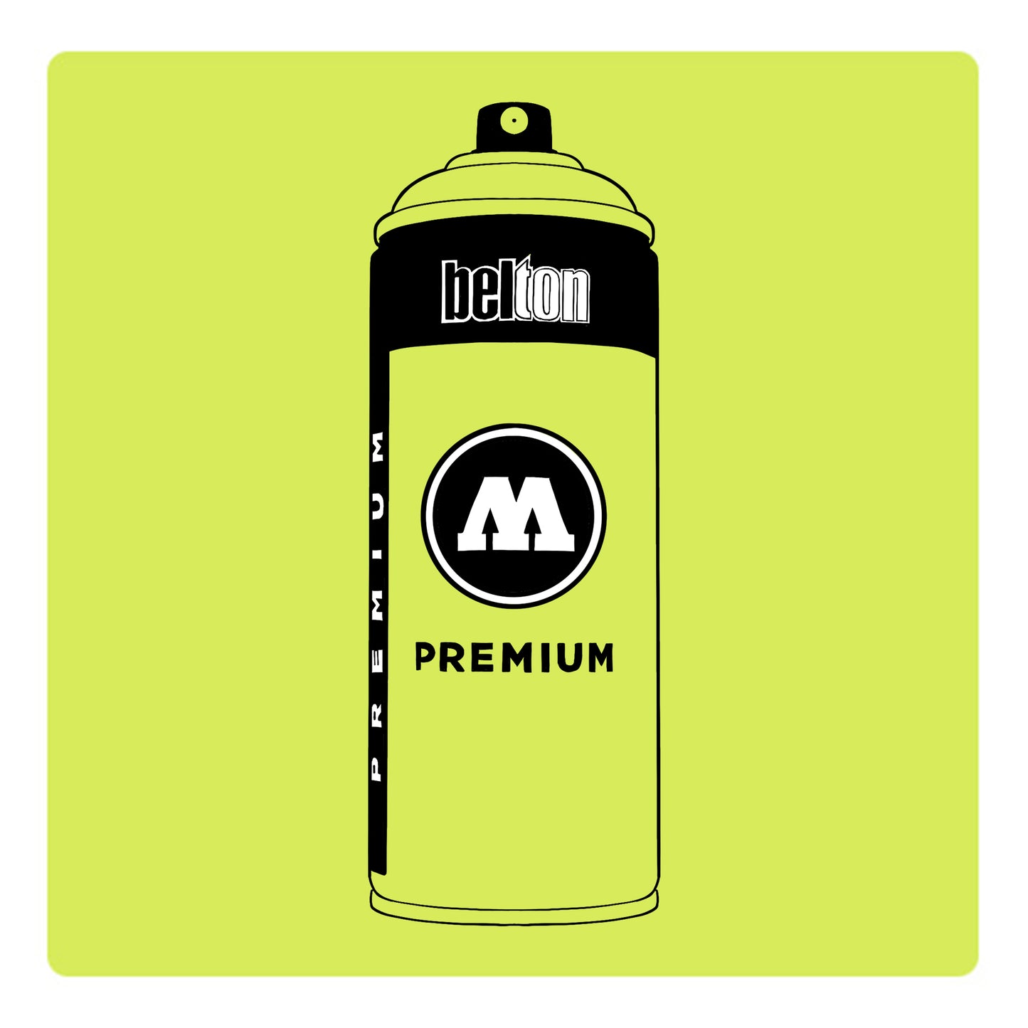 A black outline drawing of a highlighter yellow spray paint can with the words "belton","premium" and the letter"M" written on the face in black and white font. The background is a color swatch of the same highlighter yellow with a white border