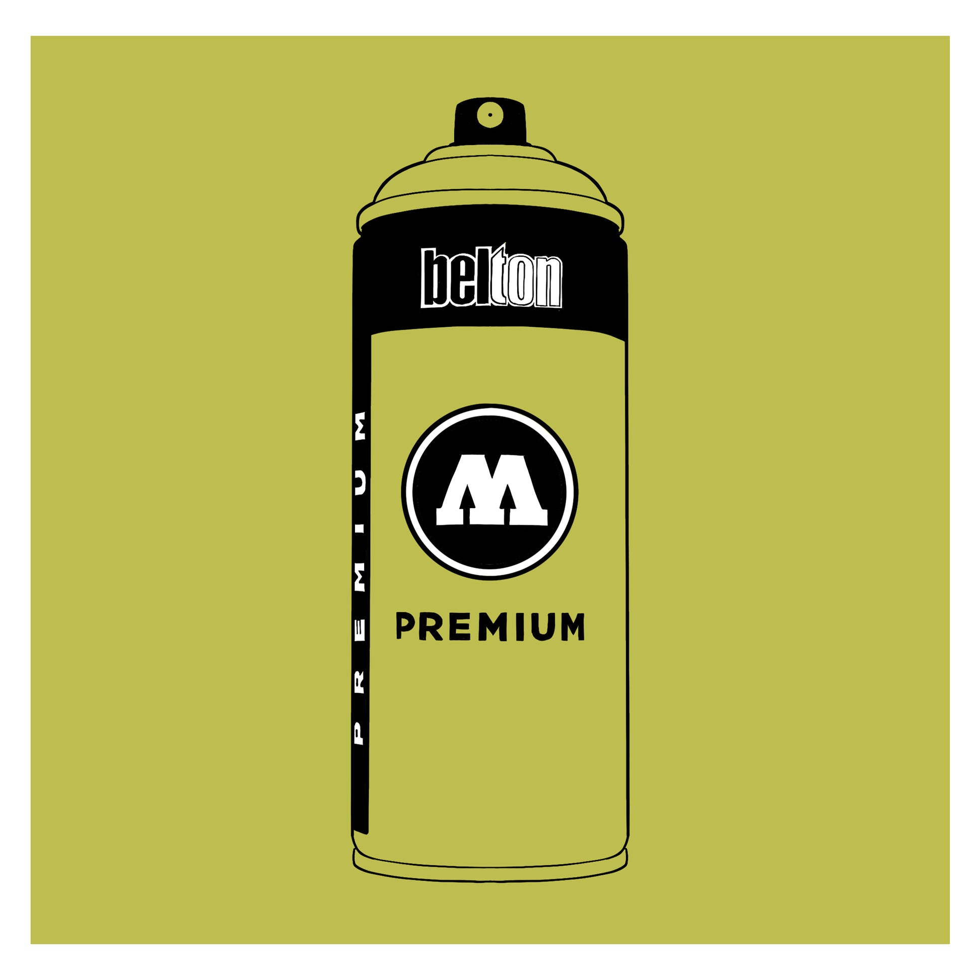 A black outline drawing of a pastel pea green spray paint can with the words "belton","premium" and the letter"M" written on the face in black and white font. The background is a color swatch of the same pea green with a white border