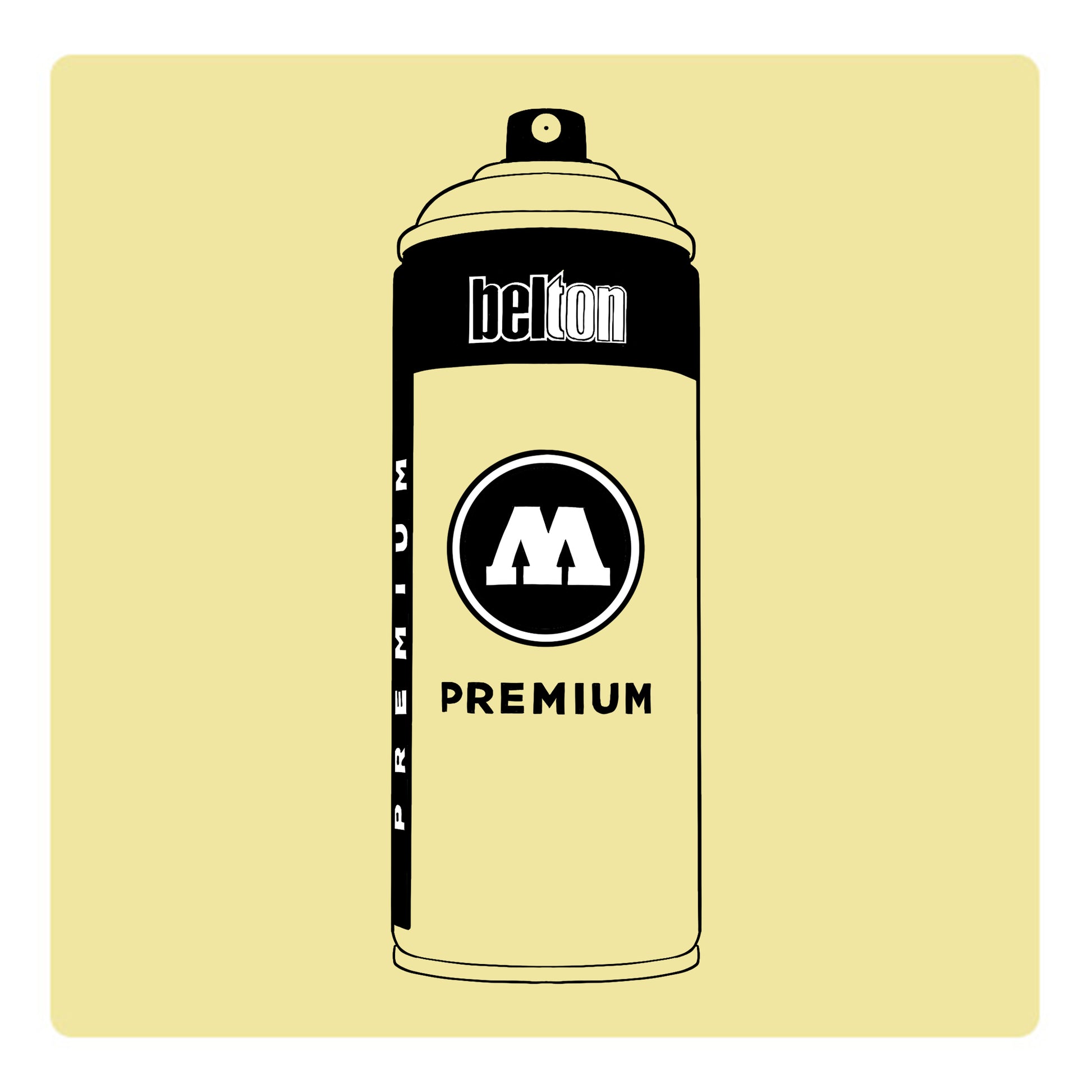 A black outline drawing of a cream yellow spray paint can with the words "belton","premium" and the letter"M" written on the face in black and white font. The background is a color swatch of the same cream yellow color with a white border