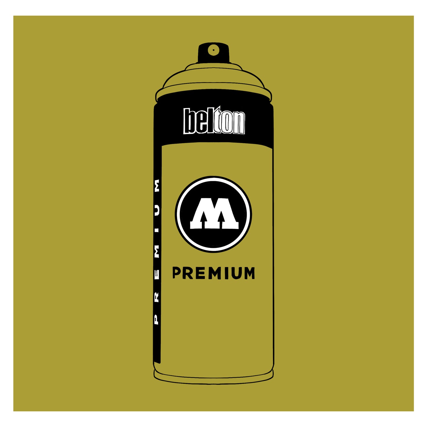A black outline drawing of a pastel pea green olive spray paint can with the words "belton","premium" and the letter"M" written on the face in black and white font. The background is a color swatch of the same pea green olive with a white border