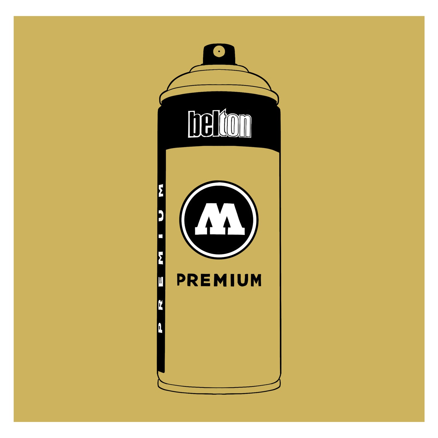 A black outline drawing of a pastel pastel olive spray paint can with the words "belton","premium" and the letter"M" written on the face in black and white font. The background is a color swatch of the same pastel olive with a white border