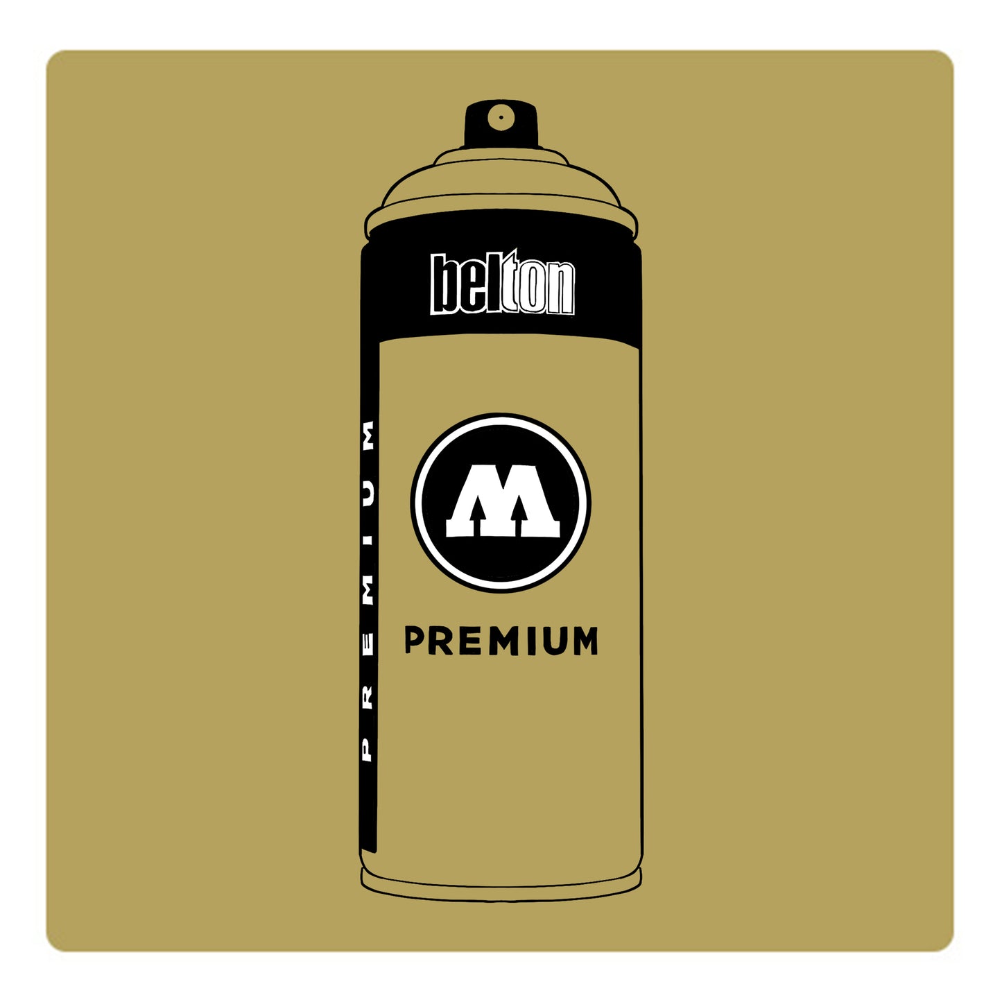 A black outline drawing of a light olive spray paint can with the words "belton","premium" and the letter"M" written on the face in black and white font. The background is a color swatch of the same light olive with a white border