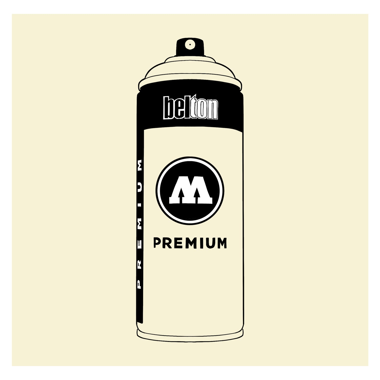 A black outline drawing of a pastel light cream spray paint can with the words "belton","premium" and the letter"M" written on the face in black and white font. The background is a color swatch of the same light cream with a white border