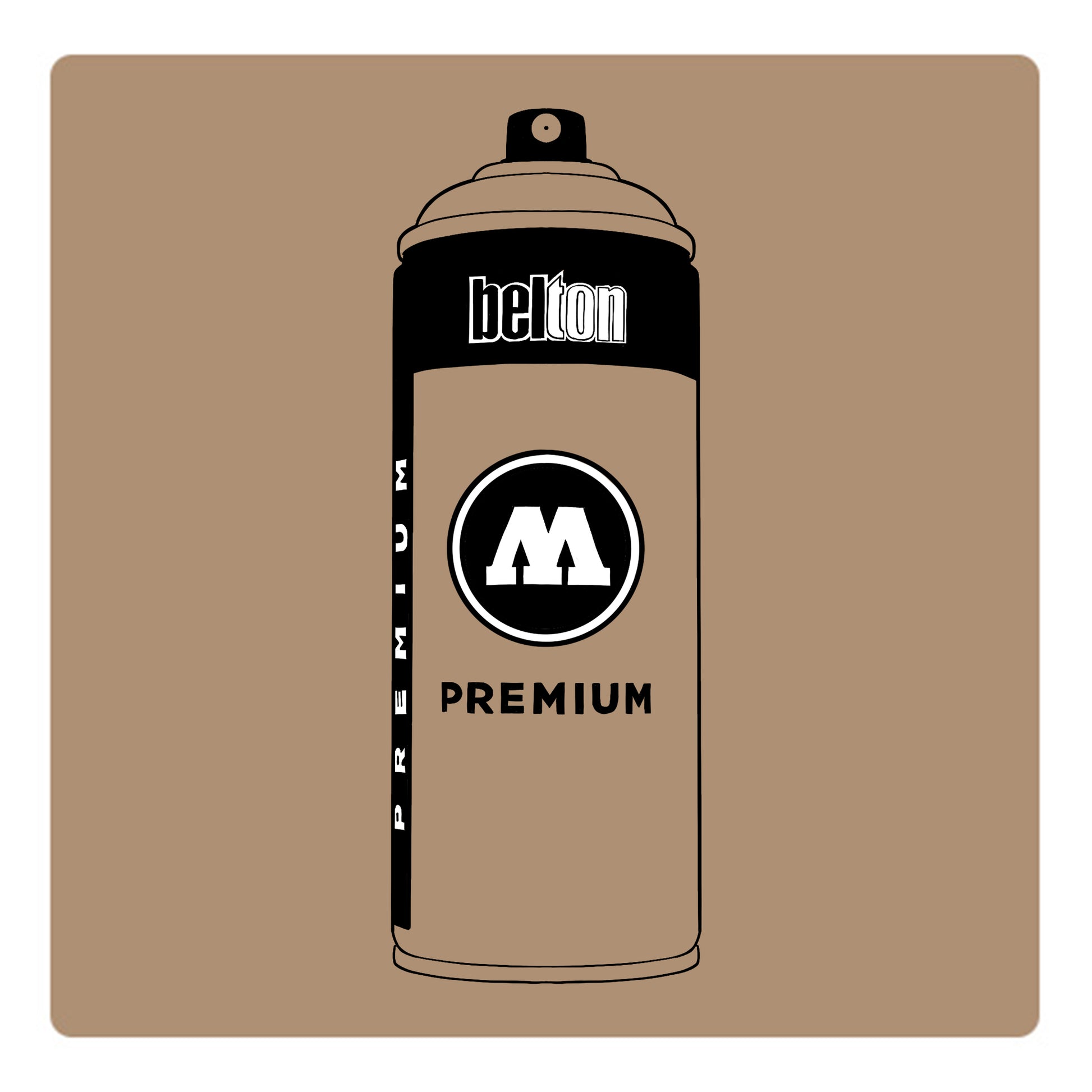 A black outline drawing of a cream brown beige spray paint can with the words "belton","premium" and the letter"M" written on the face in black and white font. The background is a color swatch of the same cream brown beige with a white border
