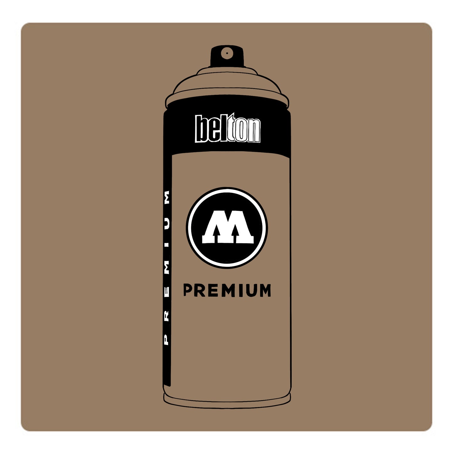 A black outline drawing of a dark beige spray paint can with the words "belton","premium" and the letter"M" written on the face in black and white font. The background is a color swatch of the same dark beige with a white border