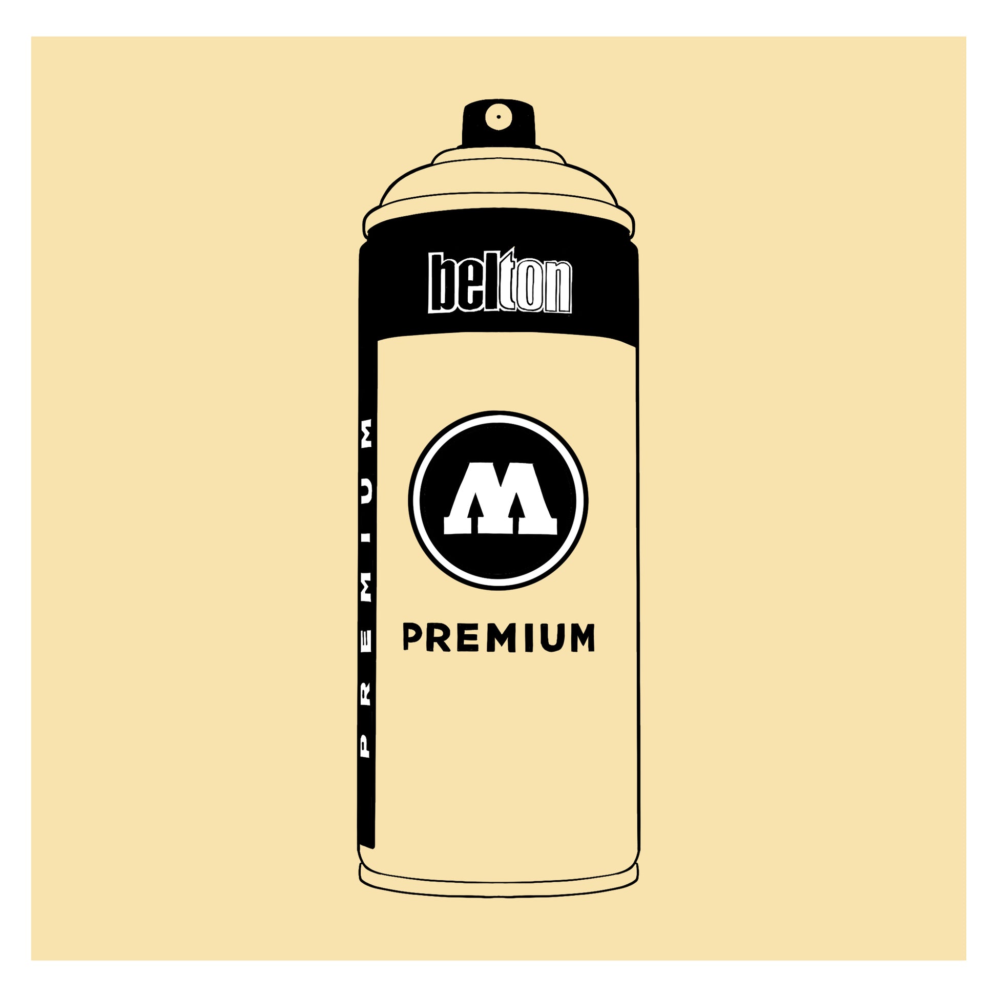 A black outline drawing of a cream spray paint can with the words "belton","premium" and the letter"M" written on the face in black and white font. The background is a color swatch of the same cream with a white border