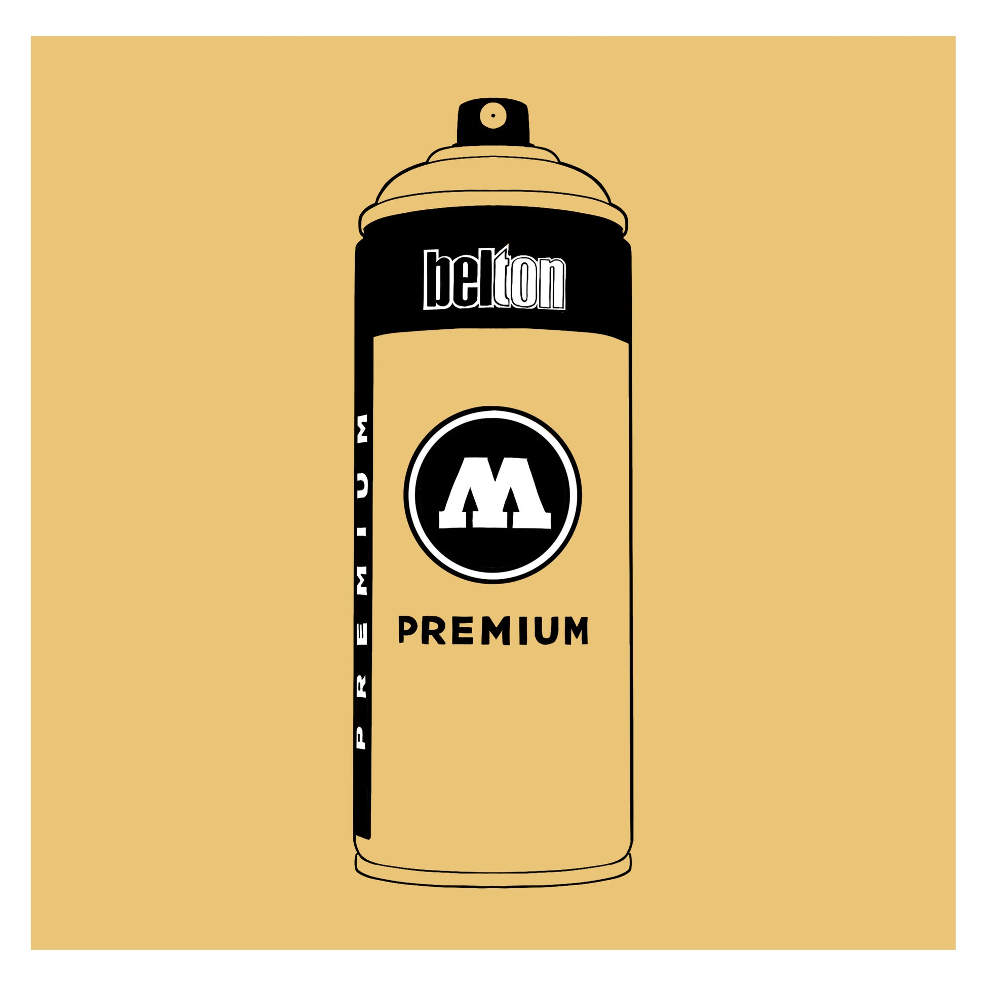 A black outline drawing of a pastel cream gold spray paint can with the words "belton","premium" and the letter"M" written on the face in black and white font. The background is a color swatch of the same cream gold with a white border