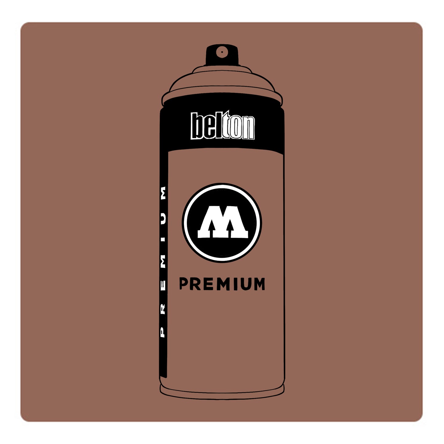 A black outline drawing of a pinkish pastel brown spray paint can with the words "belton","premium" and the letter"M" written on the face in black and white font. The background is a color swatch of the same pinkish pastel brown with a white border