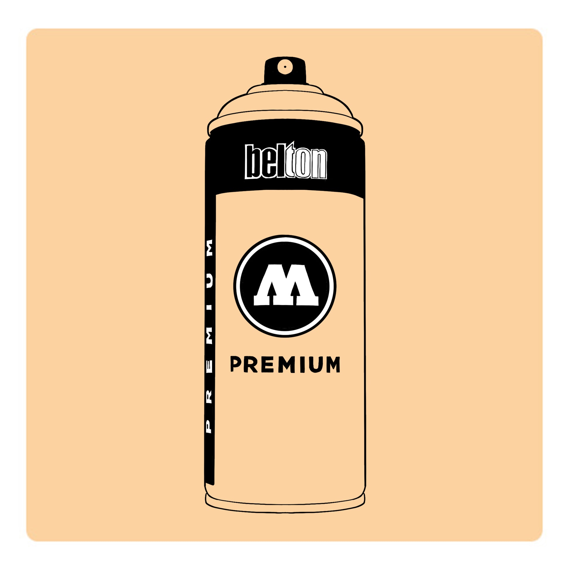 A black outline drawing of a orange froth spray paint can with the words "belton","premium" and the letter"M" written on the face in black and white font. The background is a color swatch of the same orange froth with a white border