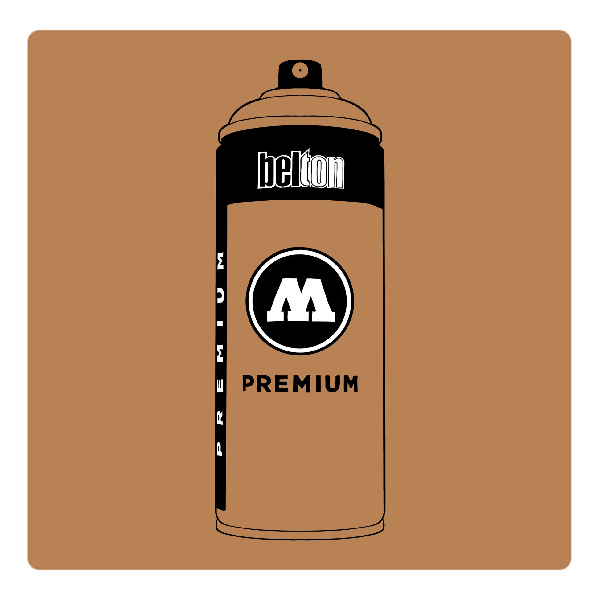 A black outline drawing of a tan brown spray paint can with the words "belton","premium" and the letter"M" written on the face in black and white font. The background is a color swatch of the same Tan brown with a white border