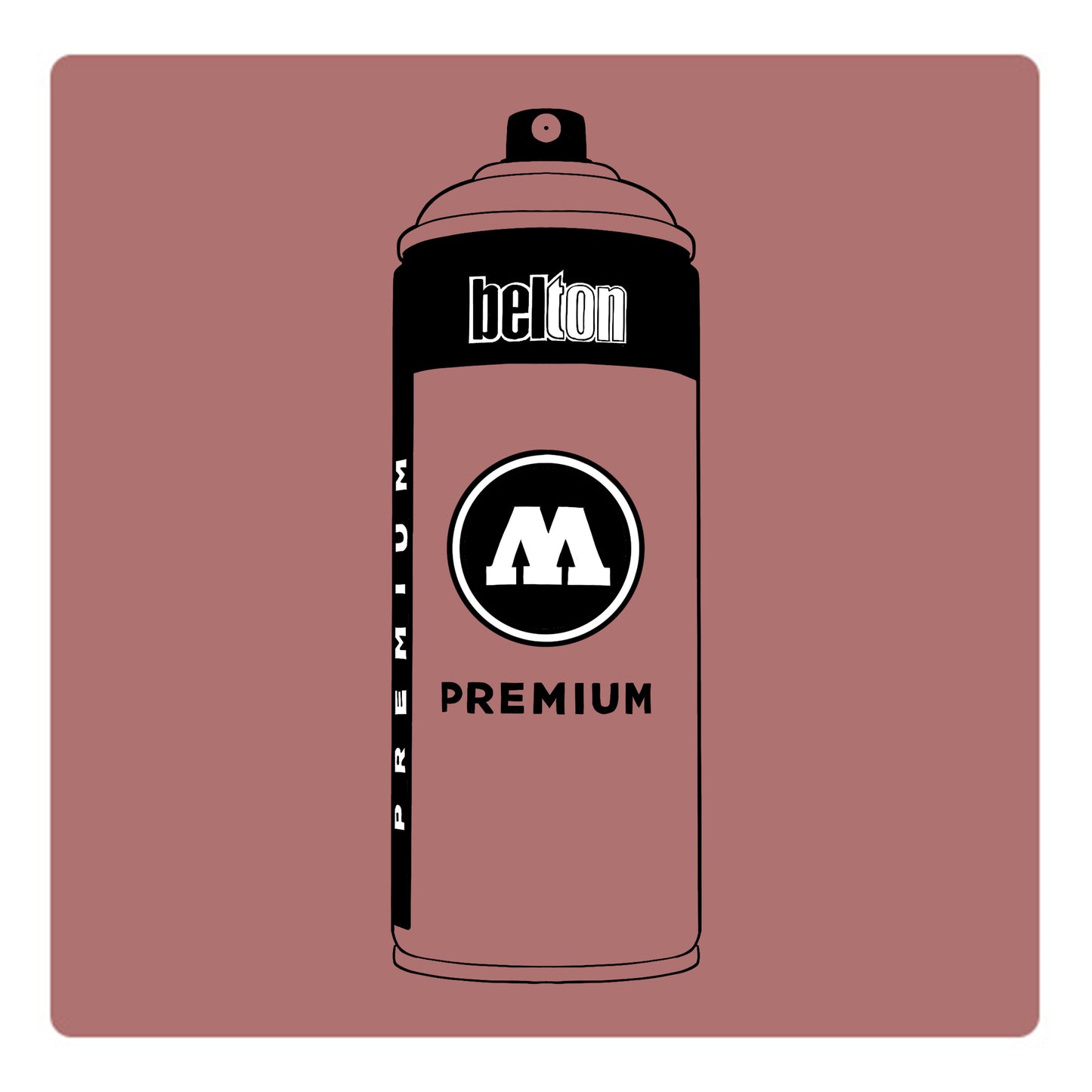 A black outline drawing of a dark pastel pink spray paint can with the words "belton","premium" and the letter"M" written on the face in black and white font. The background is a color swatch of the same dark pastel pink with a white border