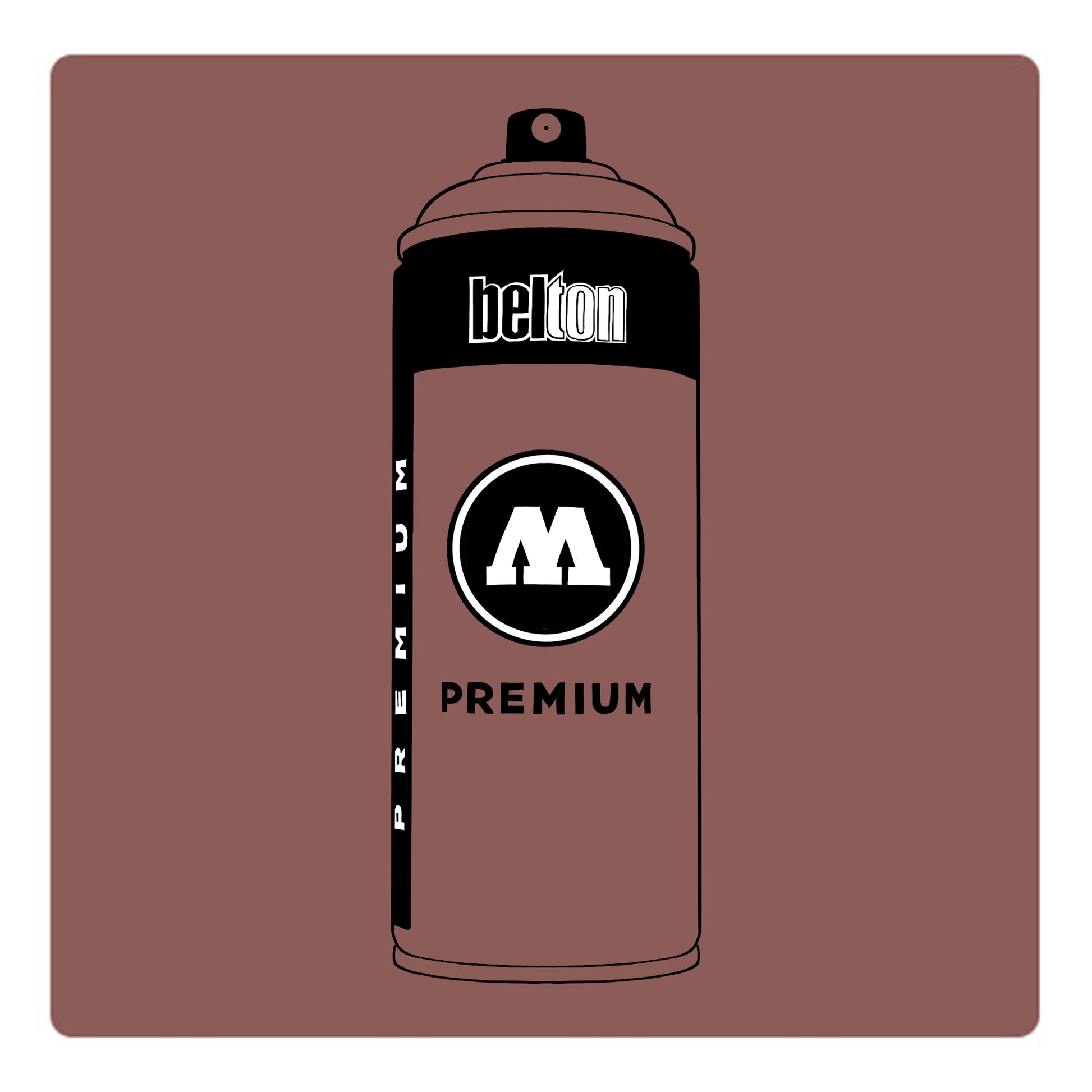 A black outline drawing of a  dark mauve pink spray paint can with the words "belton","premium" and the letter"M" written on the face in black and white font. The background is a color swatch of the same dark mauve pink with a white border