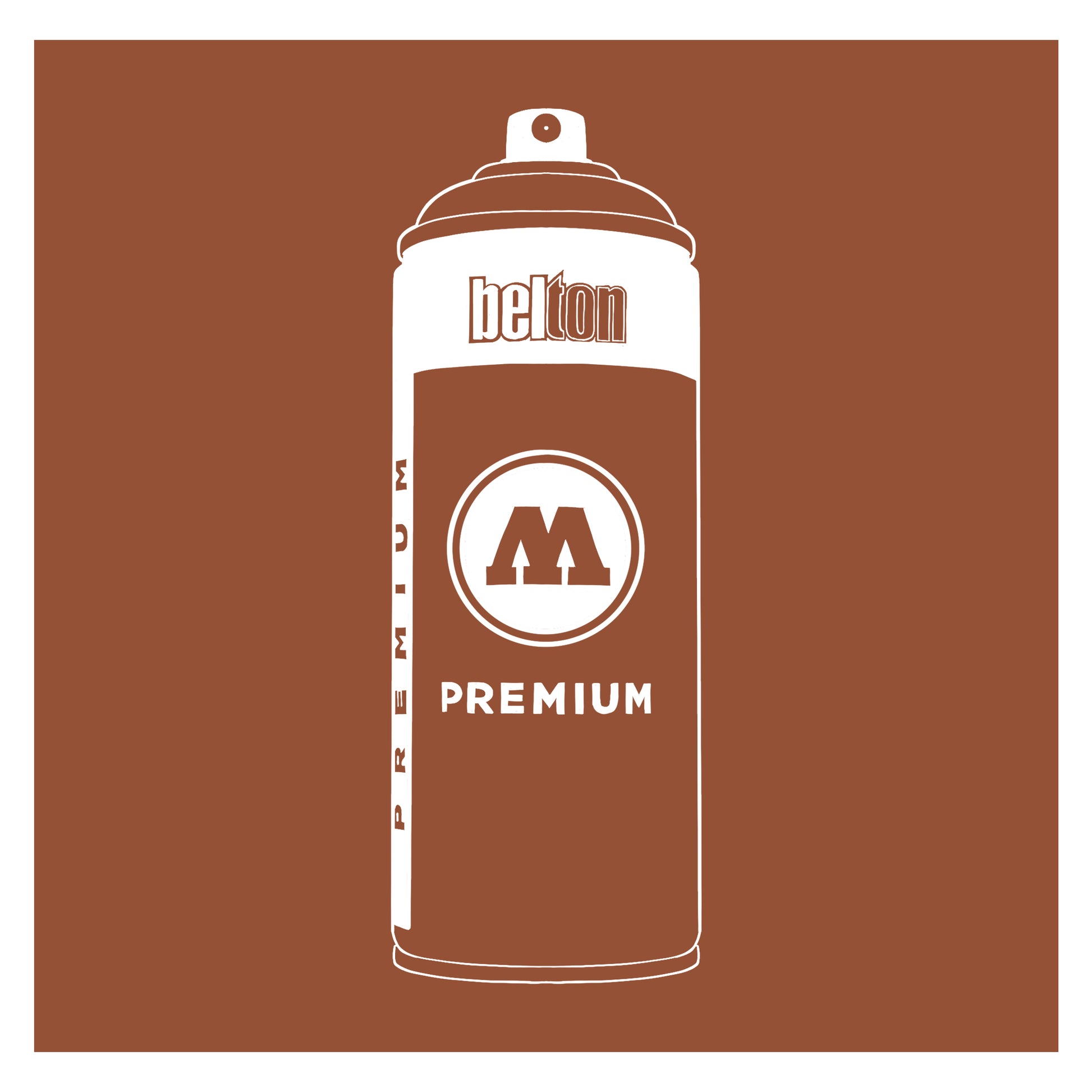 A white outline drawing of a chestnut brown spray paint can with the words "belton","premium" and the letter"M" written on the face in black and white font. The background is a color swatch of the same chestnut brown with a white border