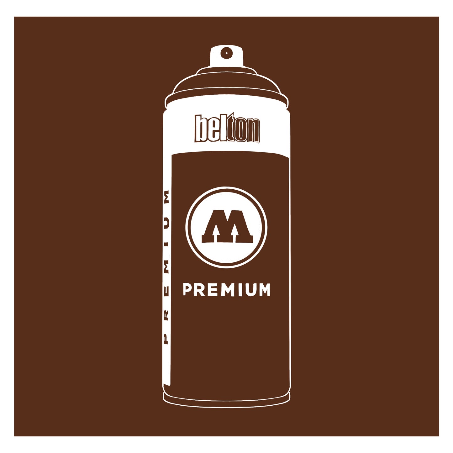A white outline drawing of a brown spray paint can with the words "belton","premium" and the letter"M" written on the face in black and white font. The background is a color swatch of the same  brown with a white border